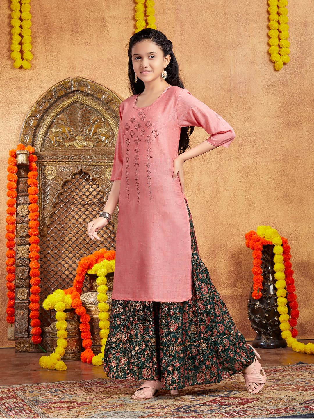 Aarika Girls Casual Wear Peach Colour Embellished Cotton Kurti (9-16 Years)