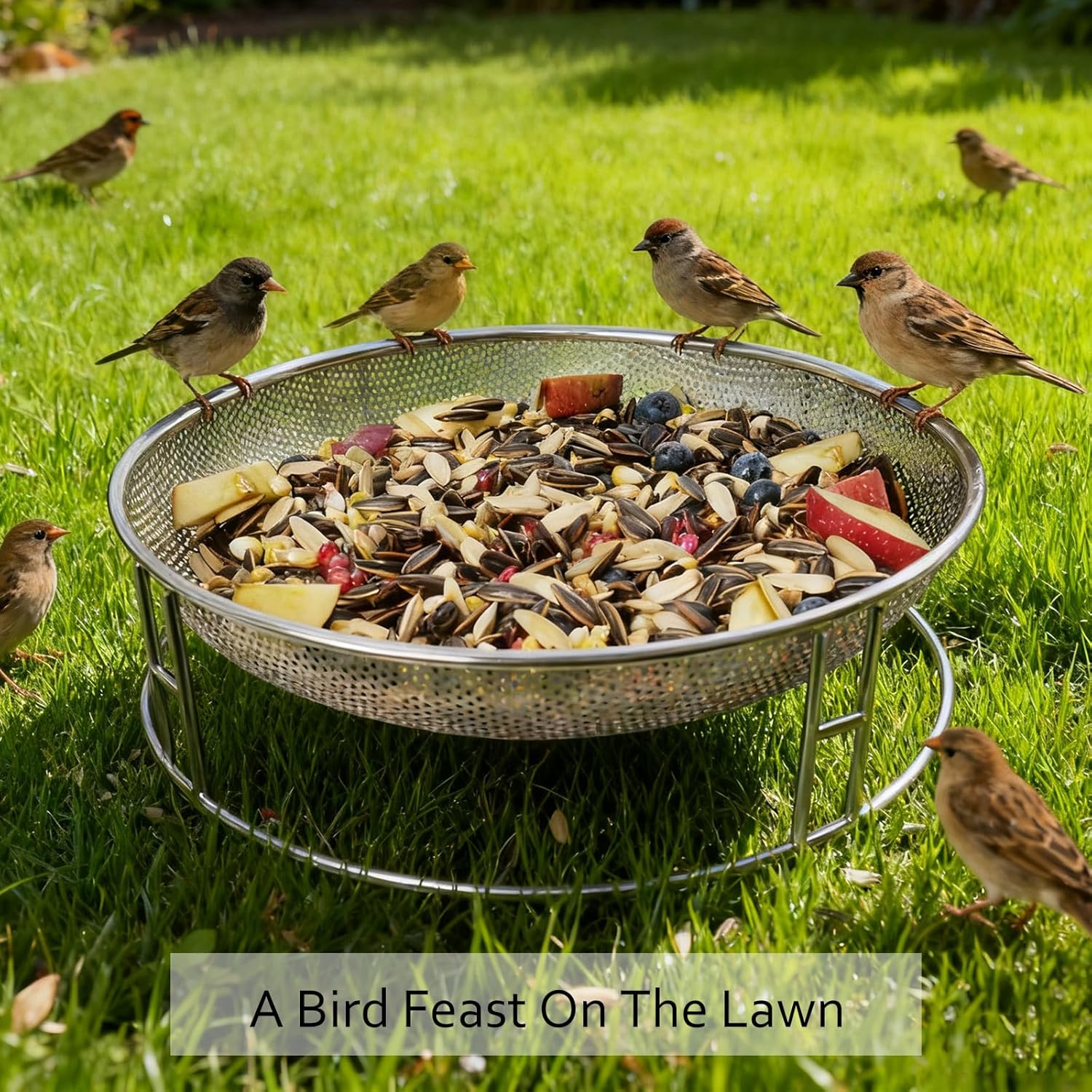 13-Inch Ground Bird Feeder, Stainless Steel Ground Feeding Platform for Wild Birds, Squirrels, Rabbits, Chicken with Additional Birdseed Feeder Tray, Attract Creatures for Backyard, Patio - Image 2