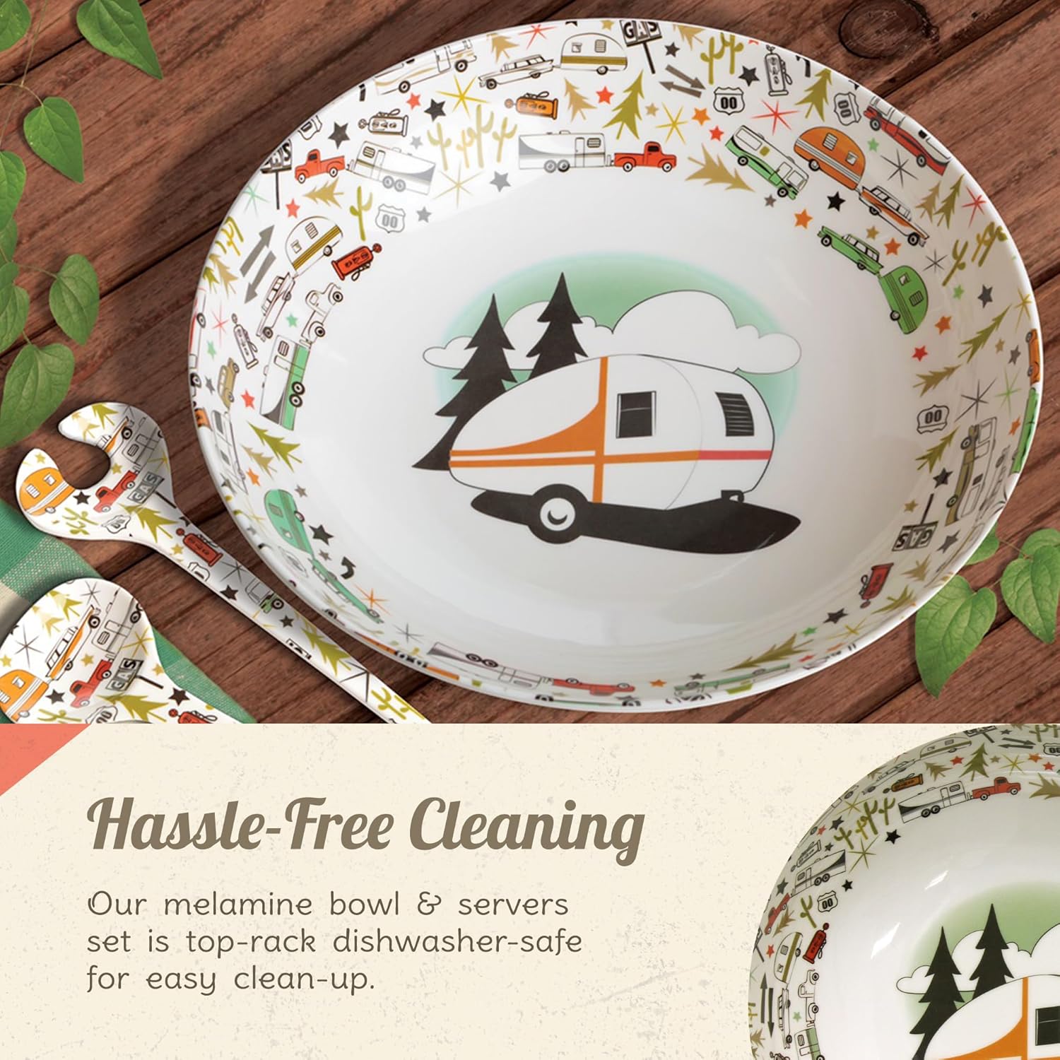 Retro Camping Melamine Salad Bowl with Servers Set