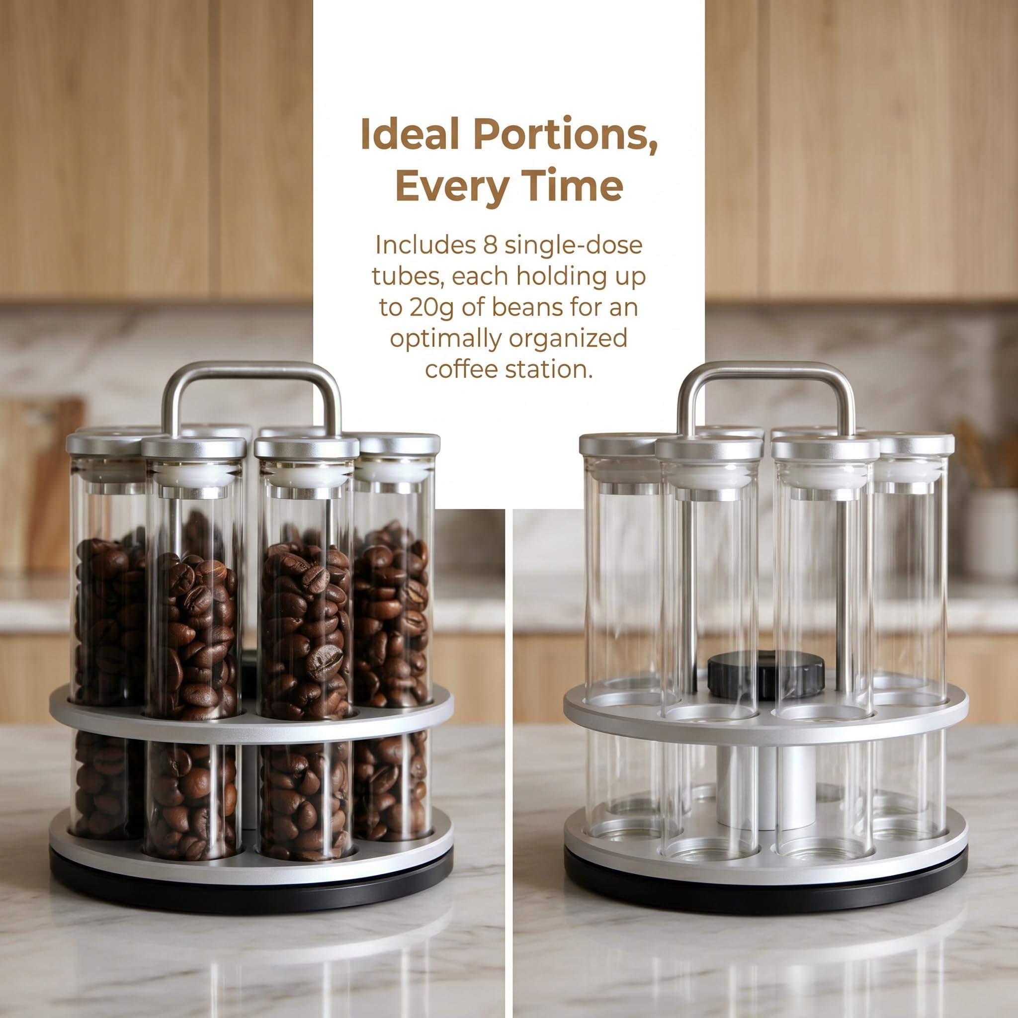 8 tubi per caffè espresso monodose con espositore girevole, imbuto, valvola unidirezionale, capacità 20 g, freschezza ermetica per barista domestico