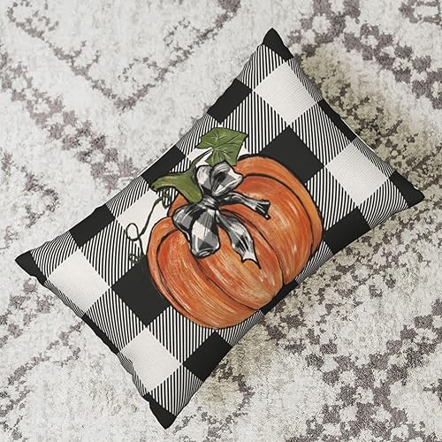 Miniatura 99 de Juego de 2 fundas de almohada de otoño de 18 x 18 pulgadas, hojas de arce de calabaza y búfalo a cuadros, decoración de otoño, de lino, Acción