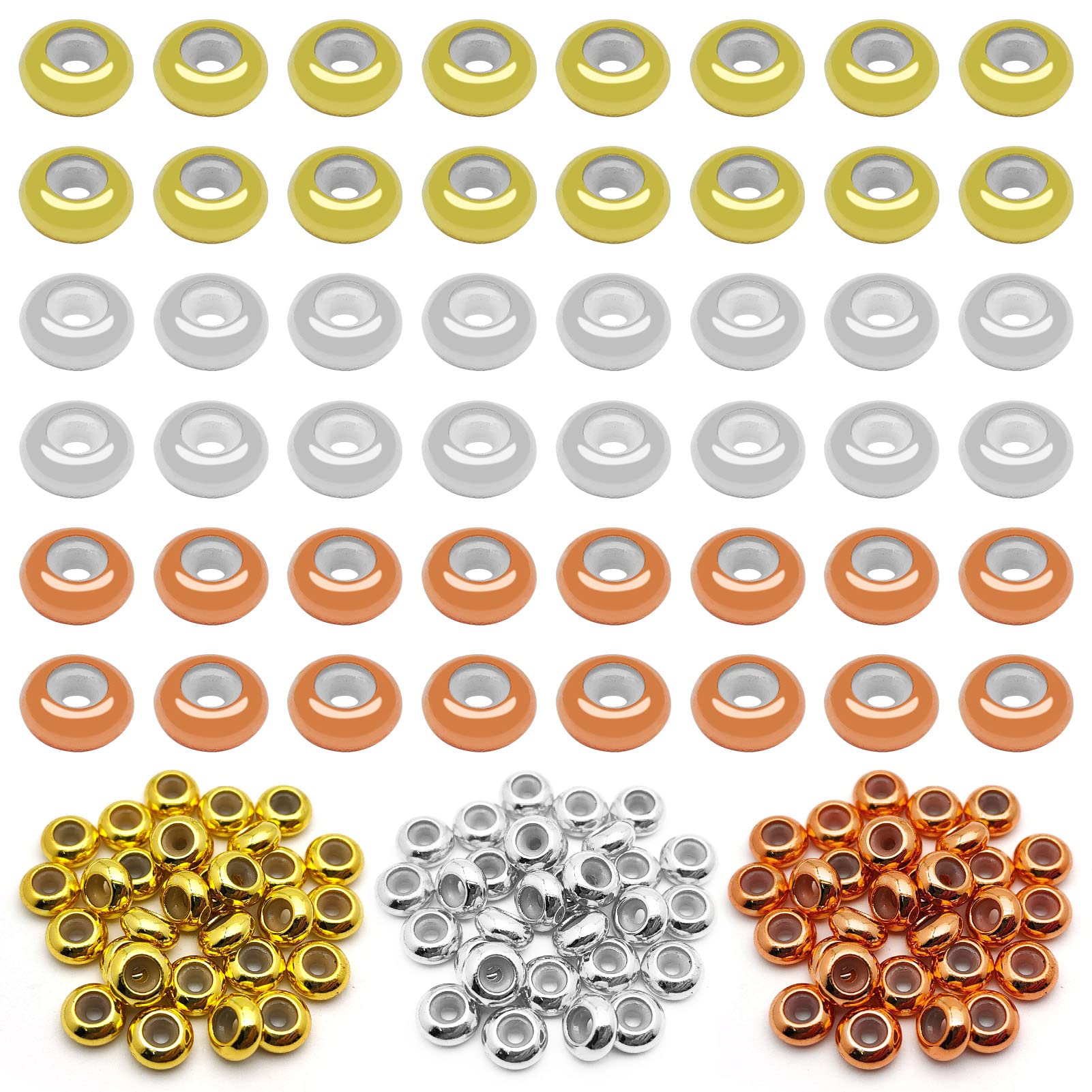 90pcs Slider Beads 8mm Stopper Beads with Rubber Inside Brass Silicone Slider Beads Adjustable Slider Clasps for DIY Bracelets Necklaces Jewelry
