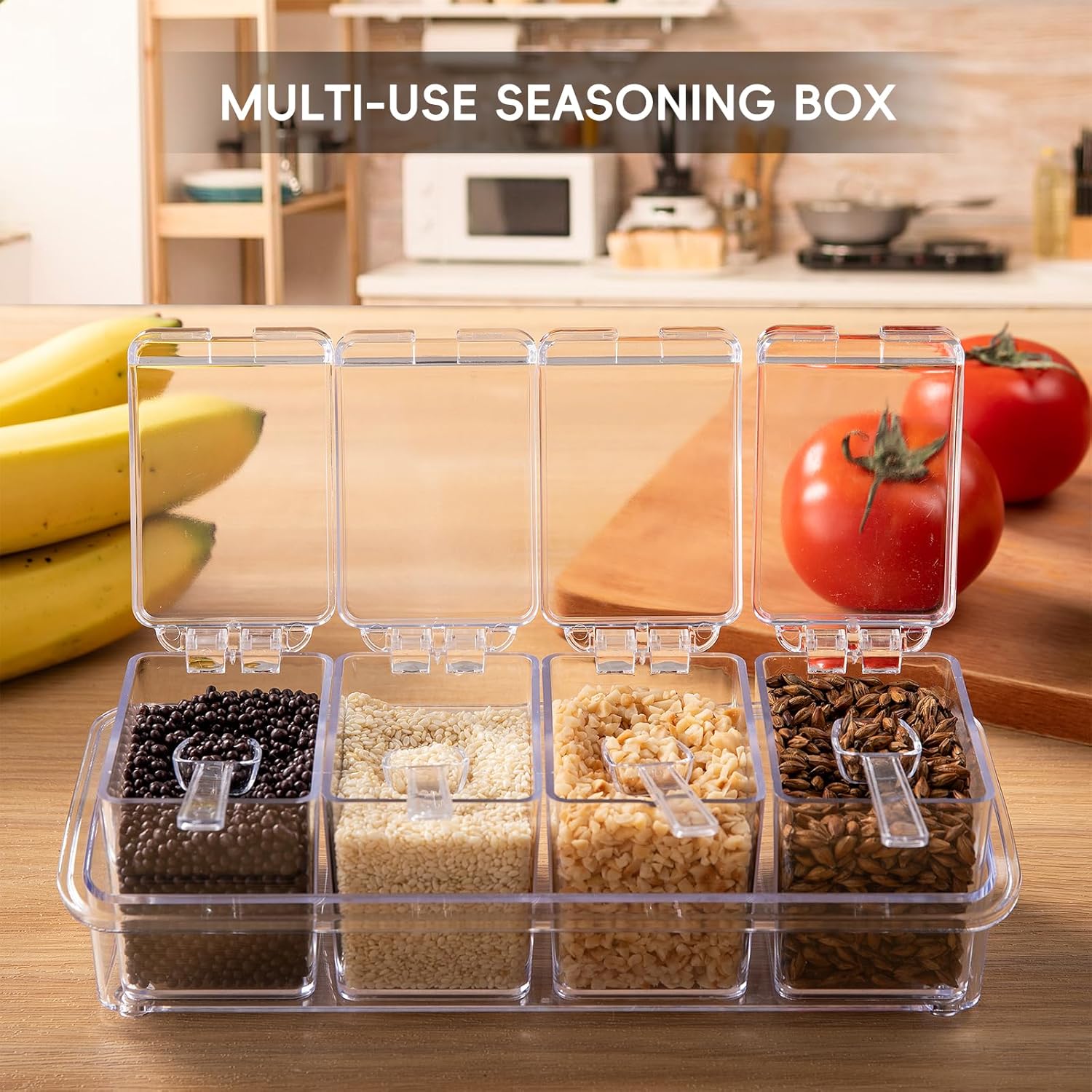 Clear Seasoning Box, 4 Pieces Seasoning Rack Spice Pots, Storage Container Condiment Jars Acrylic Seasoning Box with Covers and Spoons for Spice, Sugar, Salt, Sugar, Cardamon, Cinnamon