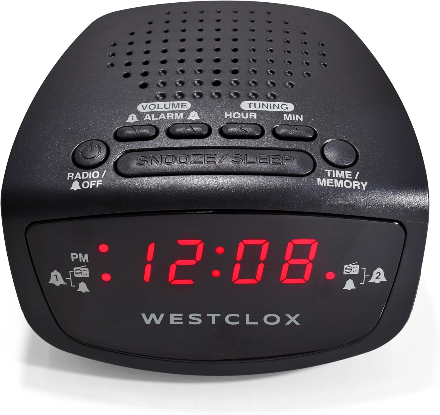 Top-down view of the Westclox Dual Alarm FM Clock Radio, showing all control buttons clearly labeled.