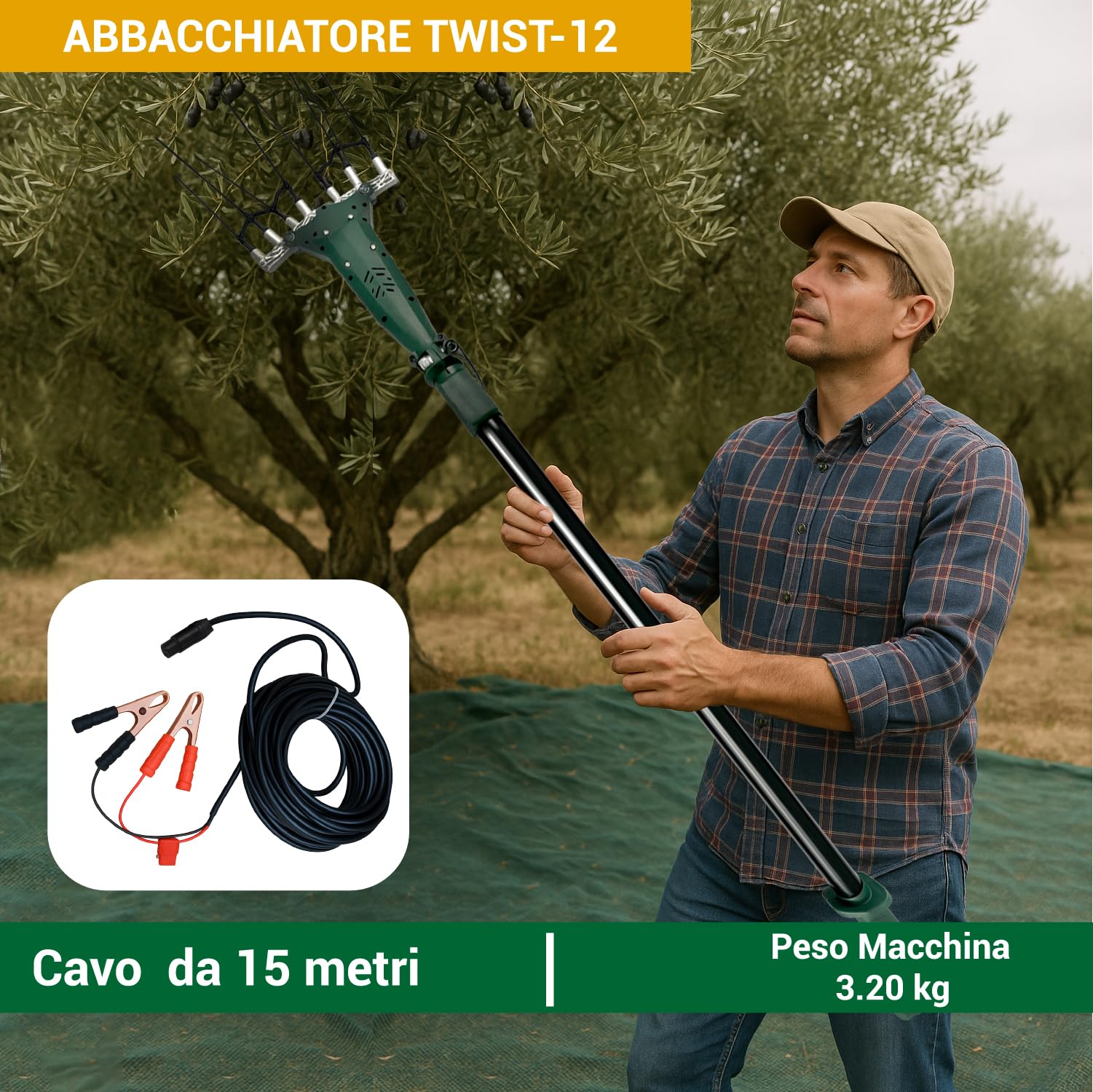 Crisalide® Abbacchiatore Elettrico per Olive TWIST-12 – Scuotitore 12V 140W Brushless con Asta Telescopica 2,3-3,0 m, Pettini in Fibra di Carbonio e Cavo da 15 m – Raccogliolive Professionale
