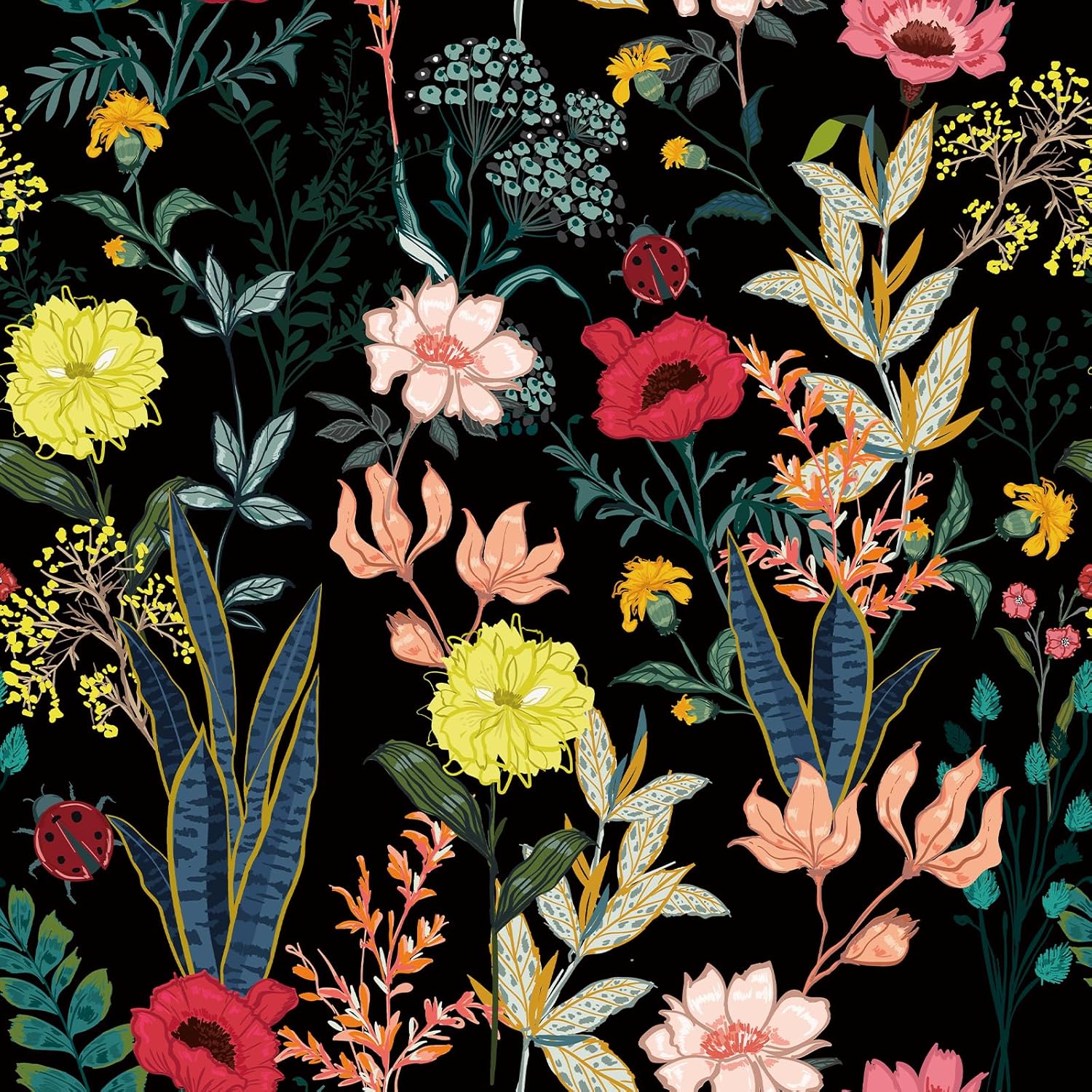 VaryStyle 17.7"x118" Midnight Garden Floral Peel and Stick Wallpaper Colorful Black Floral Wallpaper for Bathroom Waterproof Removable Wall Paper Vinyl Black Contact Paper for Cabinets Shelves Walls