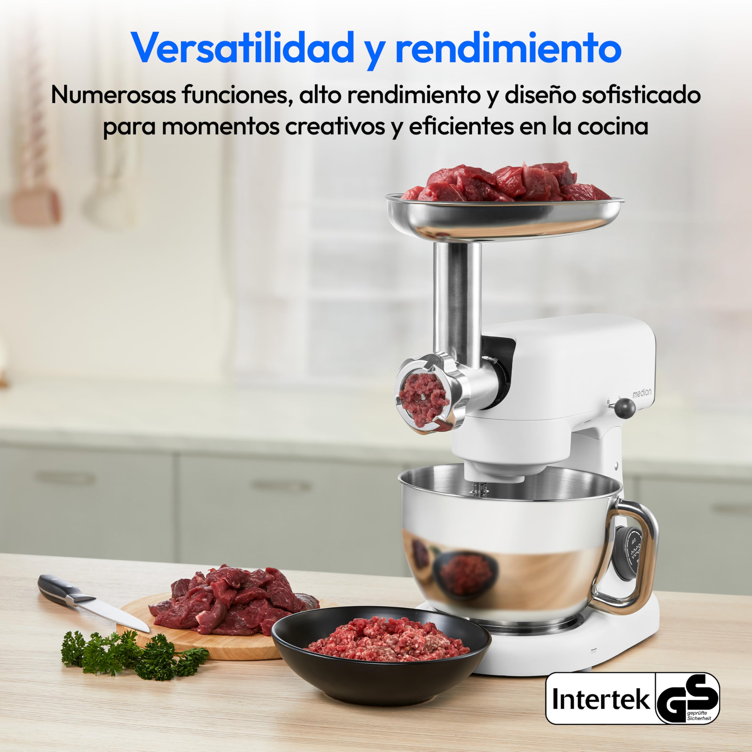 MEDION Robot de cocina con picadora (800 vatios, motor de CC, recipiente de acero inoxidable de 4,6 litros, ahorro de energía, ultrasilencioso, pantalla táctil con sensor digital, MD12600) Blanco