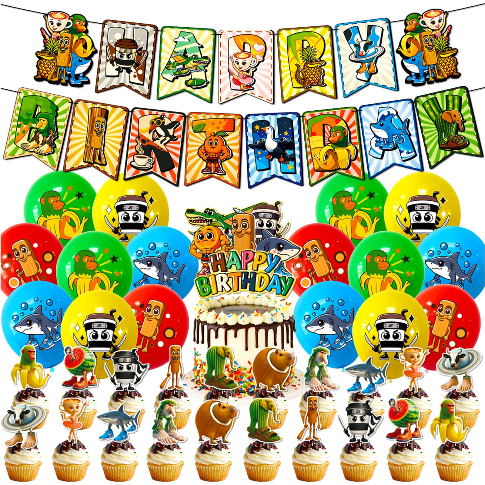 52Pcs Brainrot Birthday Decorations Set, Fun Happy Birthday Banner with Cake Toppers, Latex Brain Rot Ballloons for Boys, Girls and Fan, Brainrot Party Supplies for Gaming Party