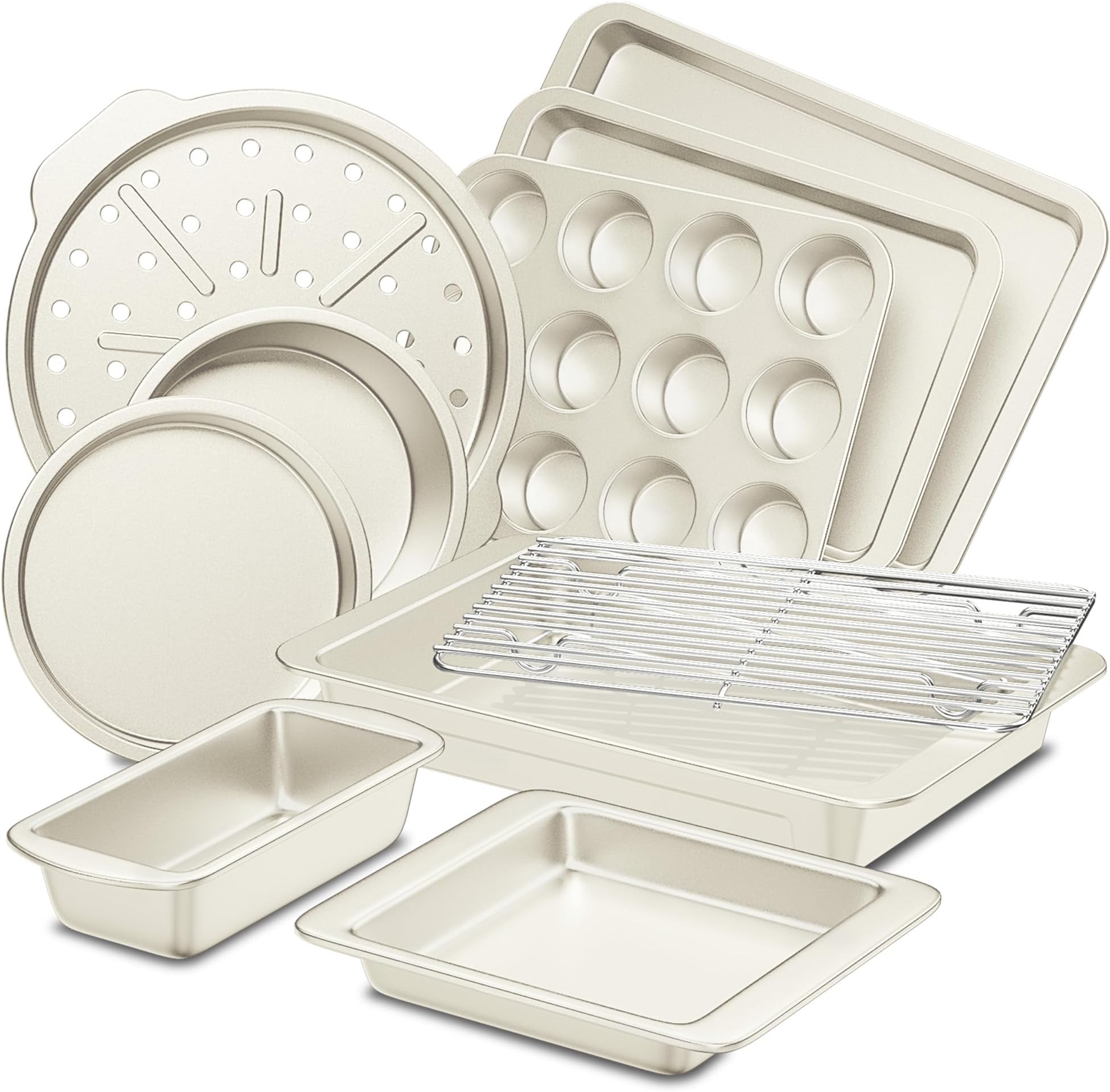 HONGBAKE Bakeware Sets, Baking Pans Set, Nonstick Oven Pan for Kitchen with Wider Grips, 10-Piece Including Rack, Cookie Sheet, Cake Pans, Loaf Pan, Muffin Pan, Pizza Pan -Cream