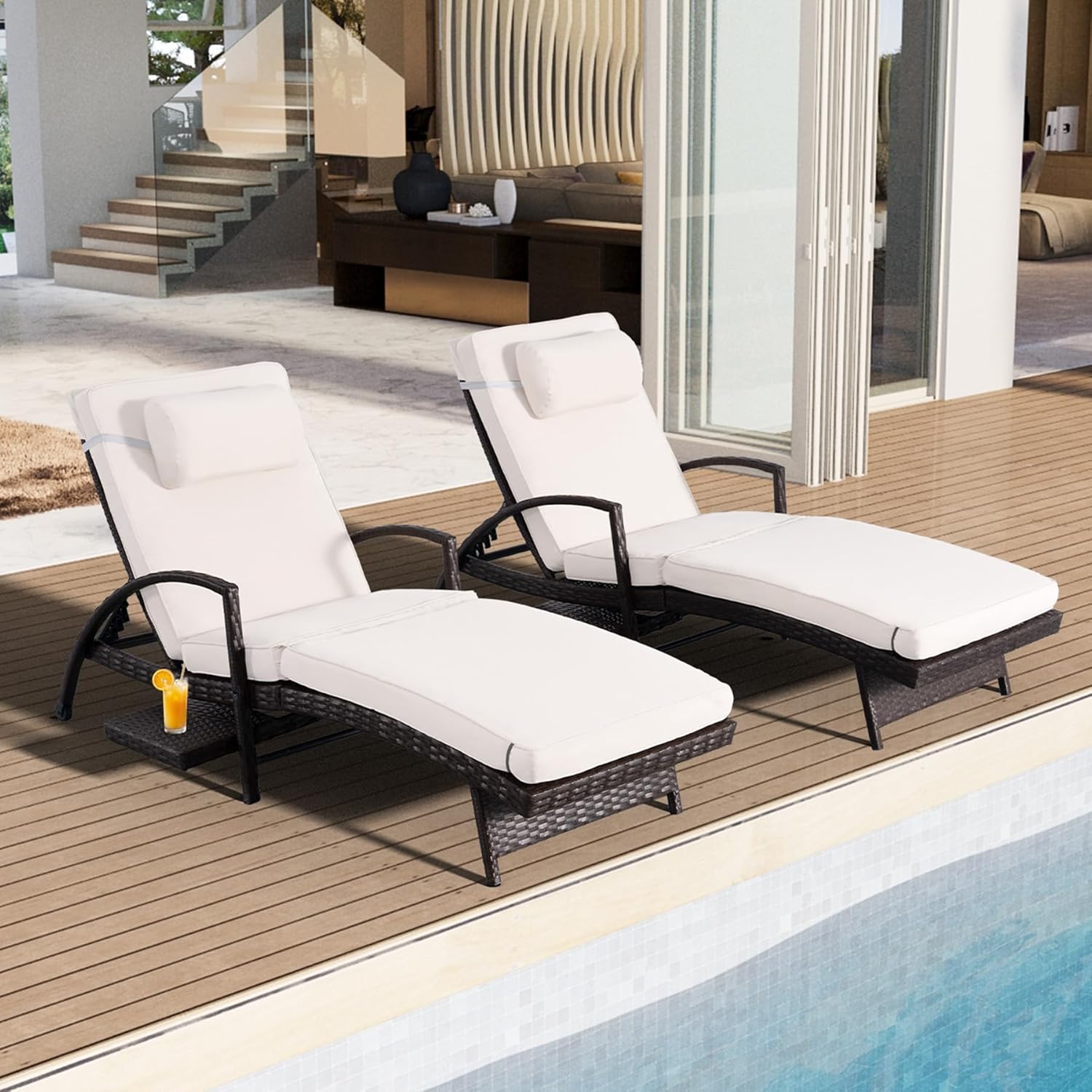 Chaise Lounge Chairs Set of 2, 6-Position Adjustable Outdoor Recliner with Side Table & Wheel,All-Weather PE Rattan Wicker Patio Lounge Chair With Removable Cushion for Poolside Backyard Beach (White)