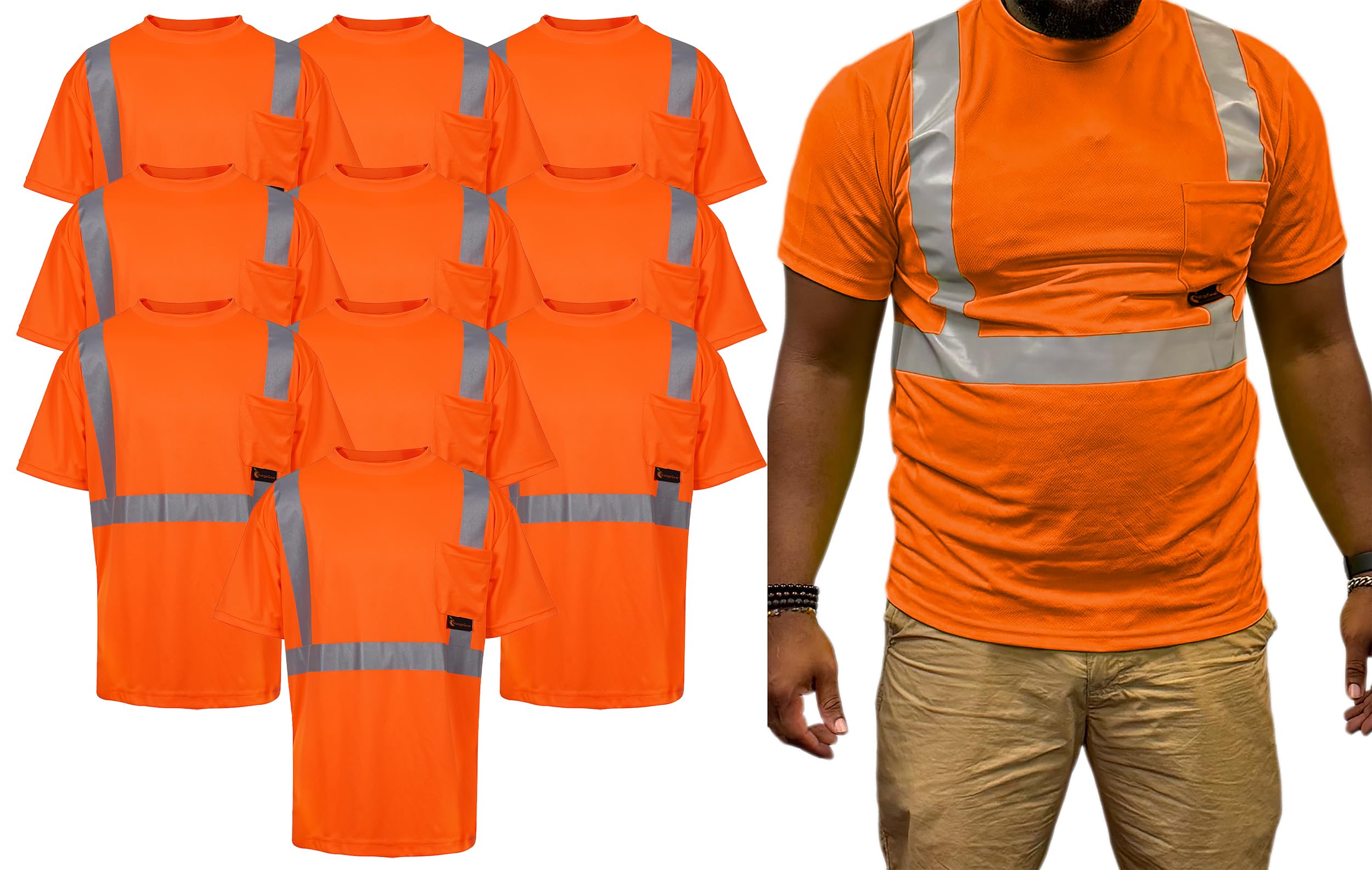 OrangeGear Class 2 Short Sleeve High Visibility Reflective Moisture Wicking T-Shirt (10 Pack) (US, Alpha, 5X-Large, Regular, Regular, Orange)