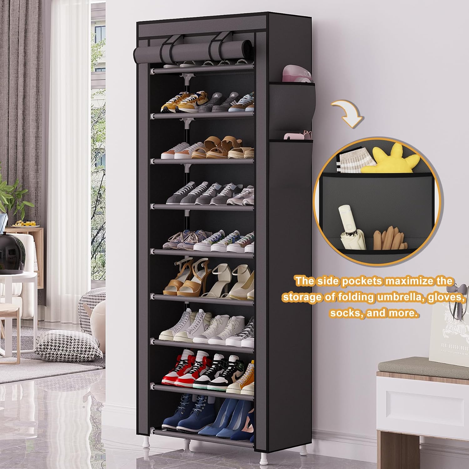 Calmootey 9 Tier Shoe Rack Organizer,Portable Shoe Shelf with Nonwoven Fabric Cover for Closet Hallway,Bedroom,Entryway,Grey