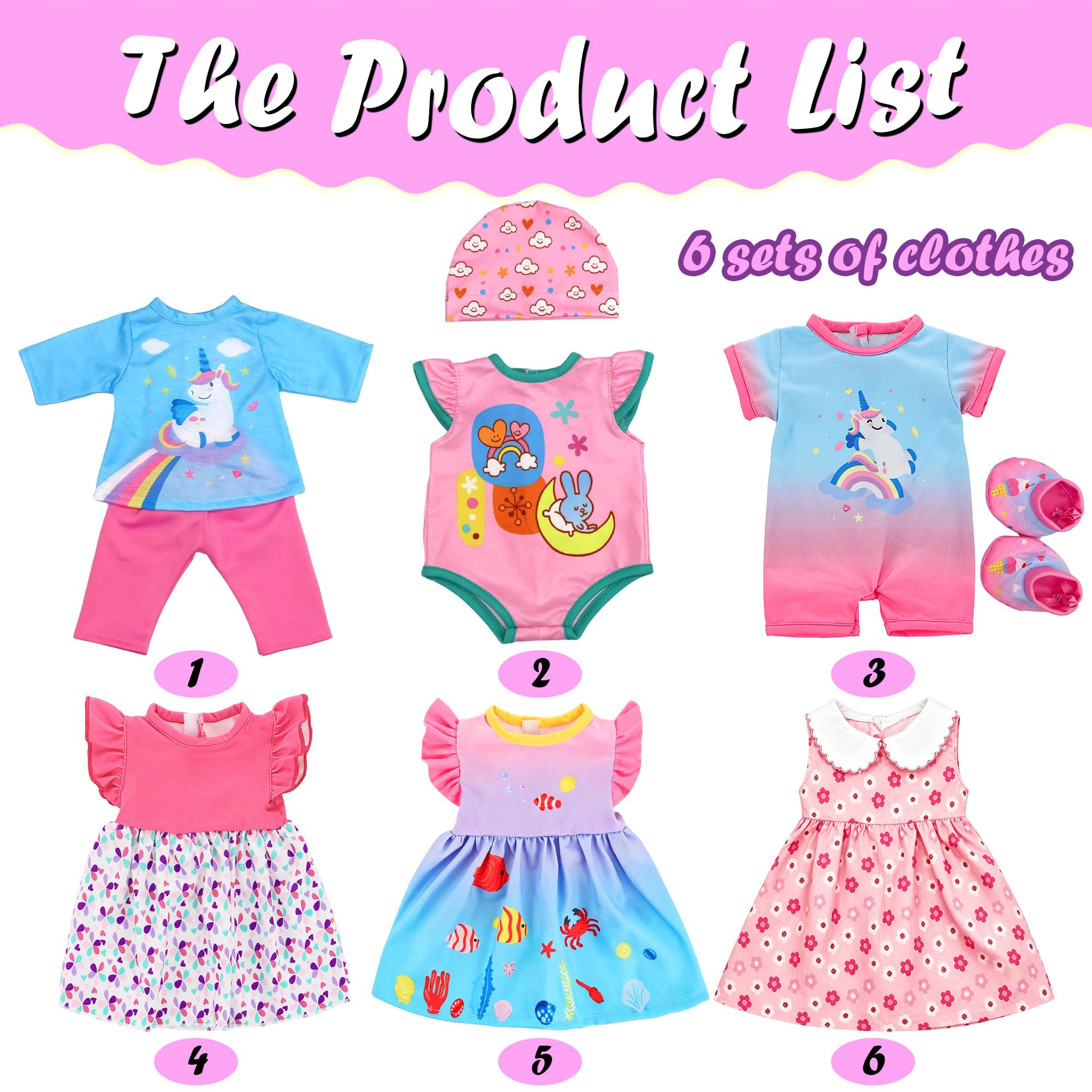 6 Set Baby Doll Kleidung und Zubehör Set für 13-16 Zoll Puppen enthalten Kleid Outfits Hut Socken Strampler (keine Puppe)
