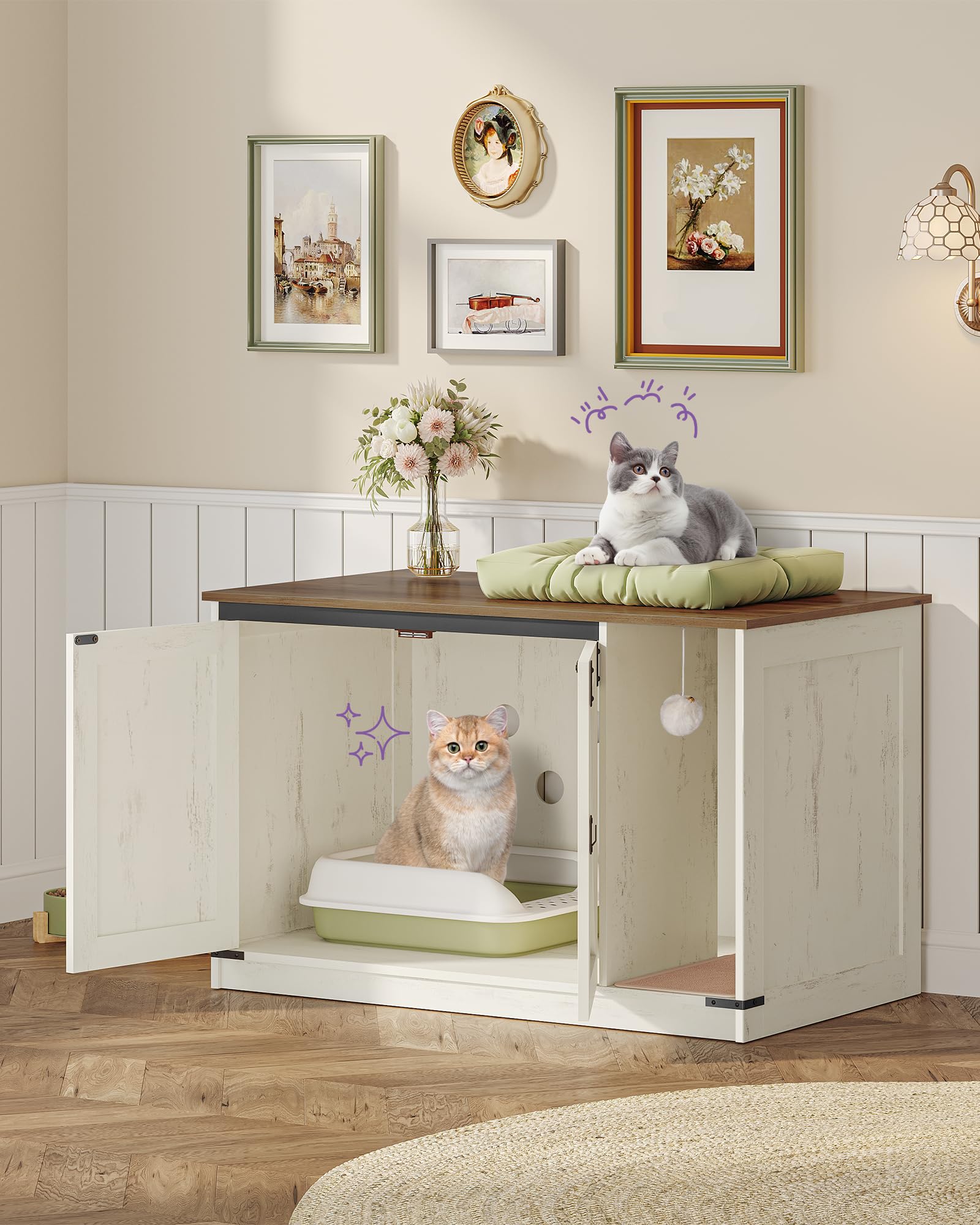 Hzuaneri Mobile Lettiera per Gatti, Mobile per Lettiera Gatto con Campana per Gatti, Casa per Gatto da Interno, 100 x 55 x 63 cm, per Corridoio, Camera da Letto, Marrone Rustico e Bianco CB85214X
