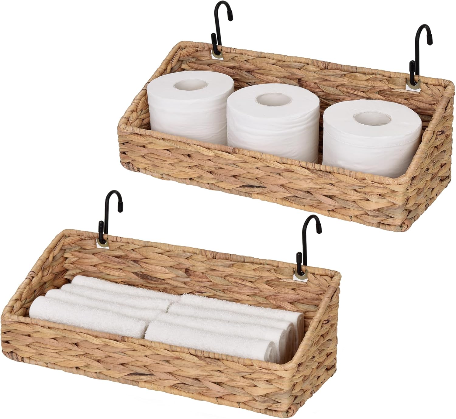 StorageWorks Water Hyacinth Woven Wall Baskets, Hanging Storage for Kitchen Bathroom Organizing, 2 Pack Shelf Baskets