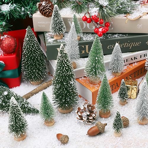 Miniatura 3 de 30 piezas de mini decoración de árbol de Navidad, árbol de Navidad artificial, 5 tamaños, mini árboles de escarcha de nieve de sisal con base de