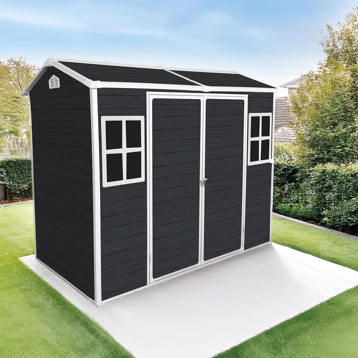 8x4 ft Outdoor Resin Garden Shed, All-Weather Tool Sheds with Floor and 2 Windows, Plastic Patio Outdoor Storage Shed with Lockable Door, Waterproof Plastic Garden Sheds for Backyard, Patio,Black