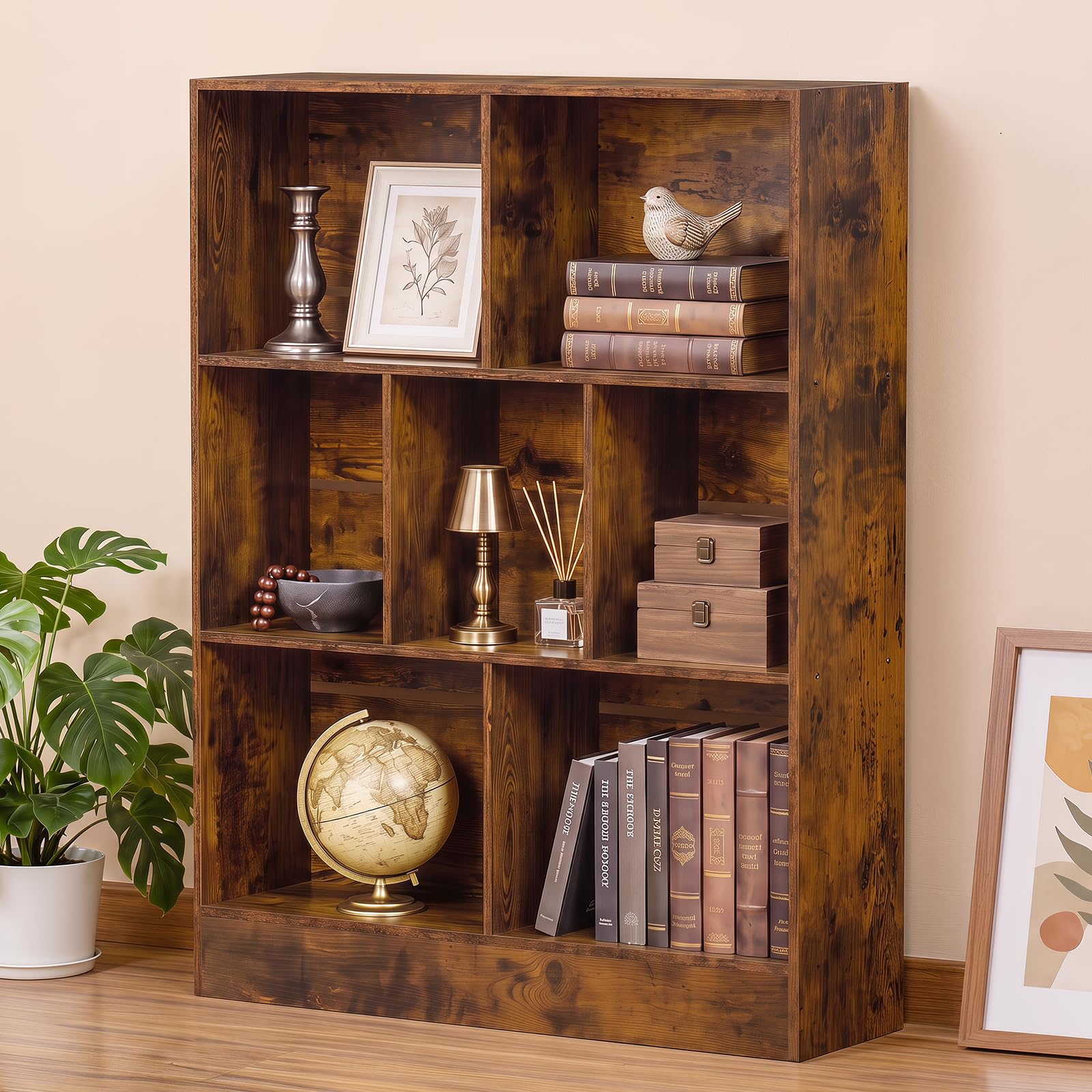 YAHARBO 3 Tier 7 Cube Mini Thin Bookshelf, Short Shallow Bookcase, Brown
