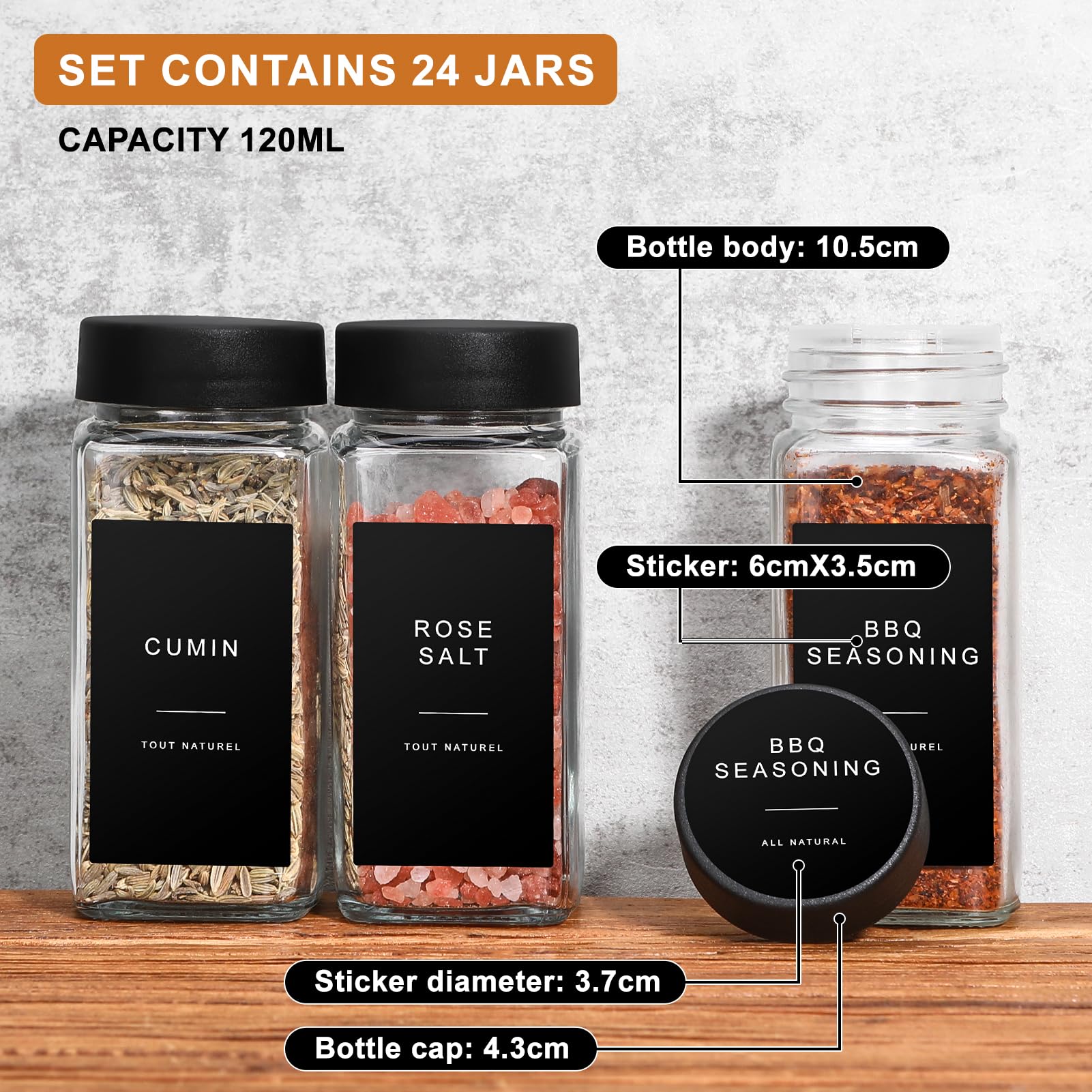 Bocaux à Épices, 24 Pièces Pot à Épices en Verre avec Étiquettes d'épices Françaises, 120ml Boite à Épices Cuisine Rangement - Bocal Epices avec Tamis, 243 Étiquettes, Entonnoir