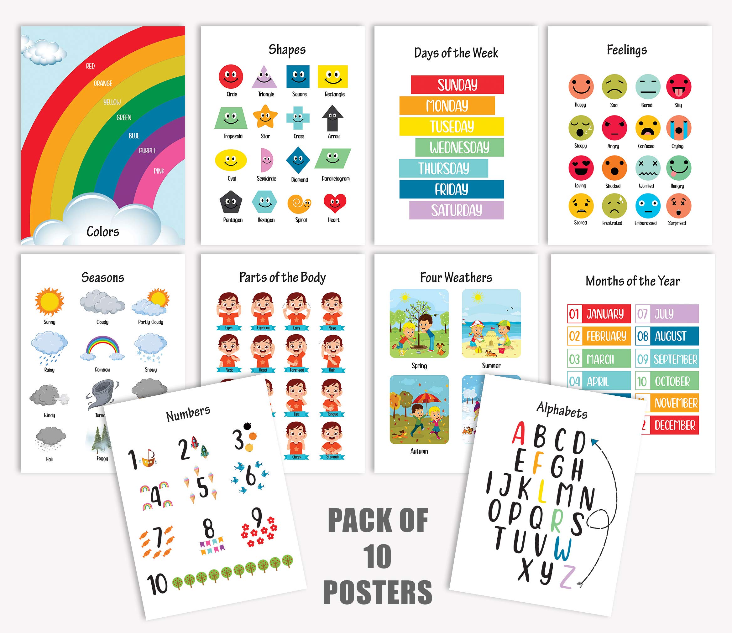 Photo 1 of Traceease 10 Educational Posters for Classroom Decor & Kindergarten Homeschool Supplies Baby, Laminated Preschool Learning Chart Materials - ABC Alphabet, Numbers, Shapes,Feelings,Weathers 9x12