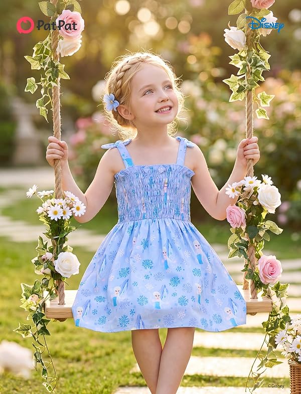 Disney Frozen Toddler Girl Dress Elsa Character Print Bow Strap Floral Summer Clothes Smocking Beach Holiday Sundress Blue 3T by Disney - Image 2