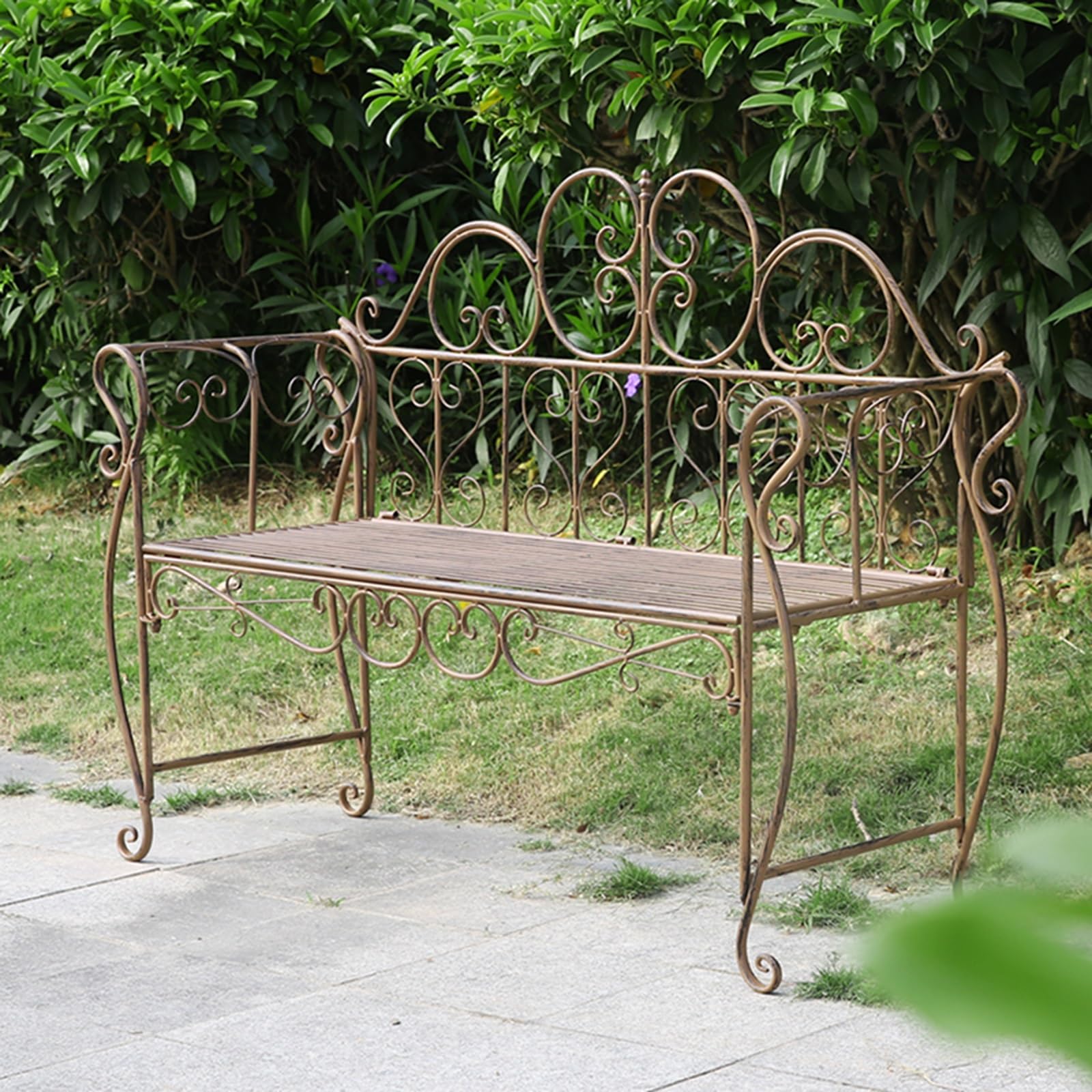 Panchina da Giardino in Ferro Battuto da 127 cm, Panchina da Esterno con Schienale e Braccioli per Cortile, Bordo Piscina, Prato(Brown)