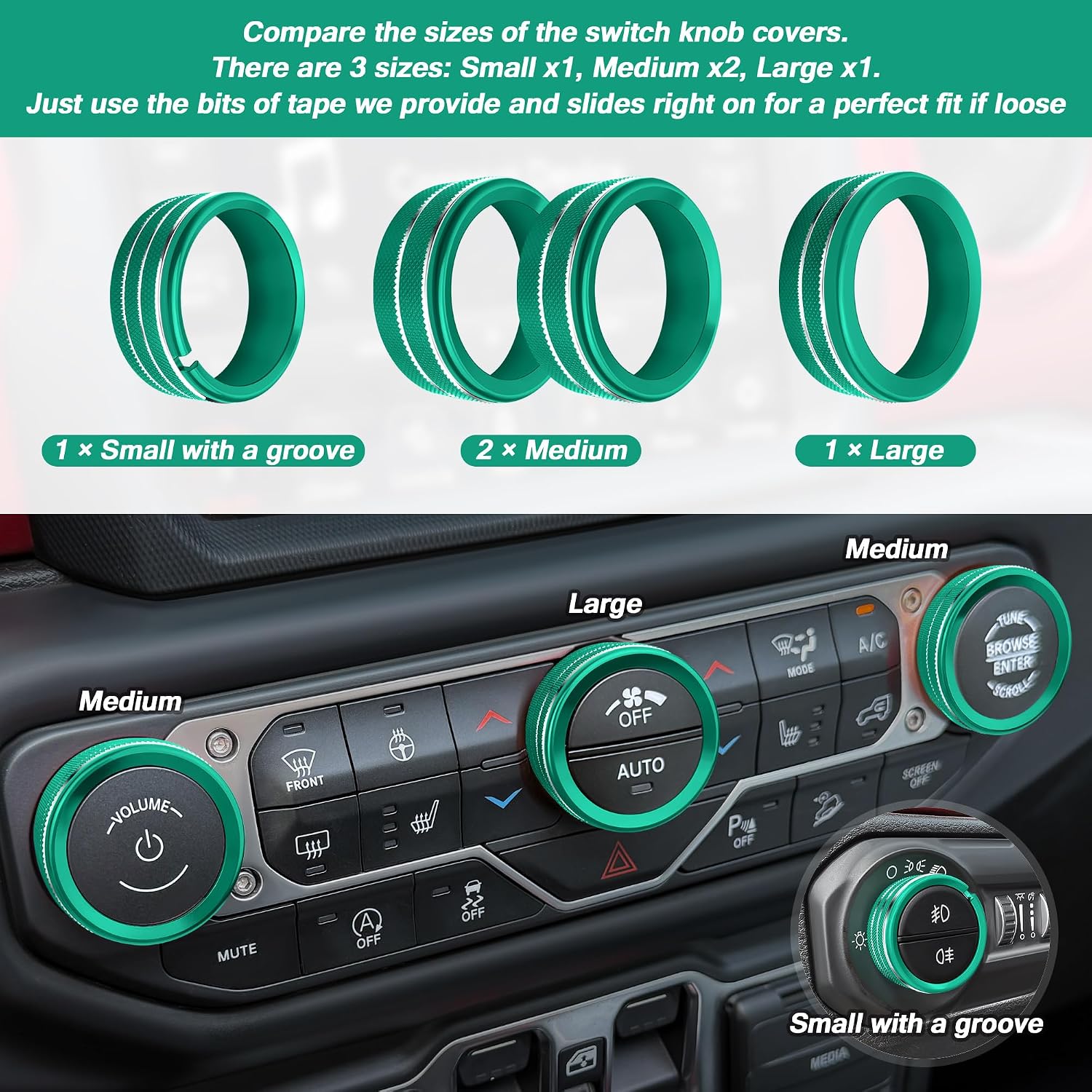 for 2024-2026 Jeep Wrangler JL JLU & 2024-2026 Gladiator JT Accessories, 12PCS Aluminum Knob & Button Cover Set for Power Window Switch, Push Start, AC, Volume, Headlight & Air Vent, Green
