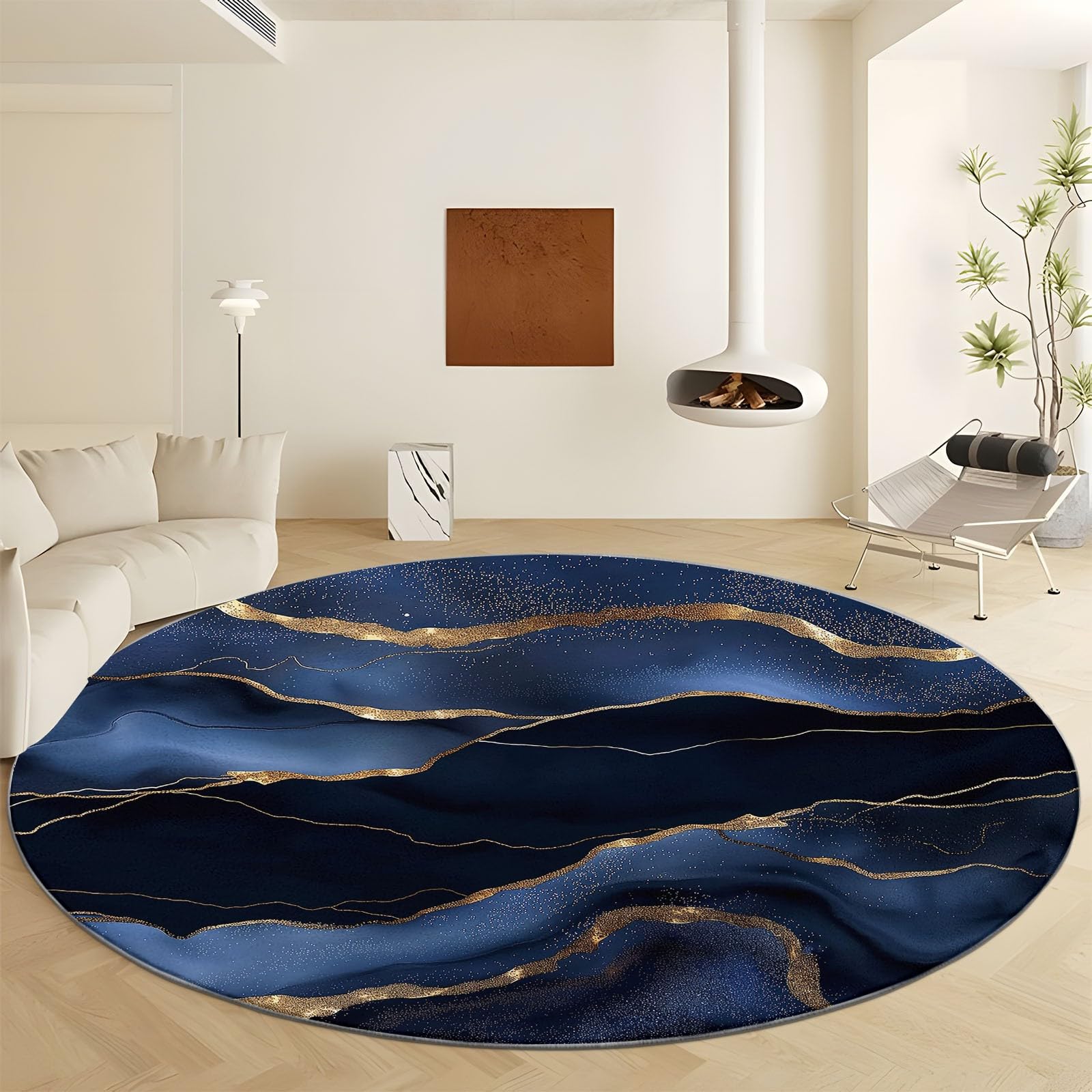 Round Rugs 4' x 4', Marble Gold Stripe Texture Washable Round Area Rug for Living Room, Dark Blue Non Slip Round Carpets with Rubber Backing, Soft