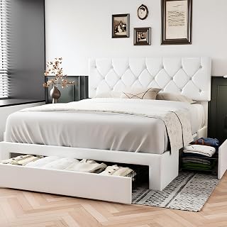 VECELO white upholstered full bed with diamond-tufted headboard