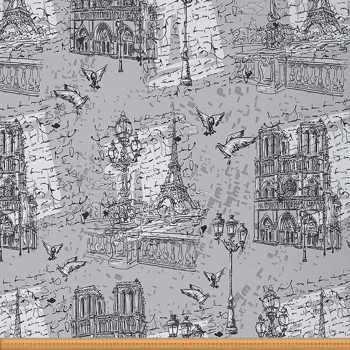 Eiffel Tower Upholstery Fabric, Church Decorative Fabric, Paris River Doves Scenes Indoor Outdoor Fabric, City Building Waterproof Fabric, DIY Art Fabric by The Yard, Grey White, 3 Yards