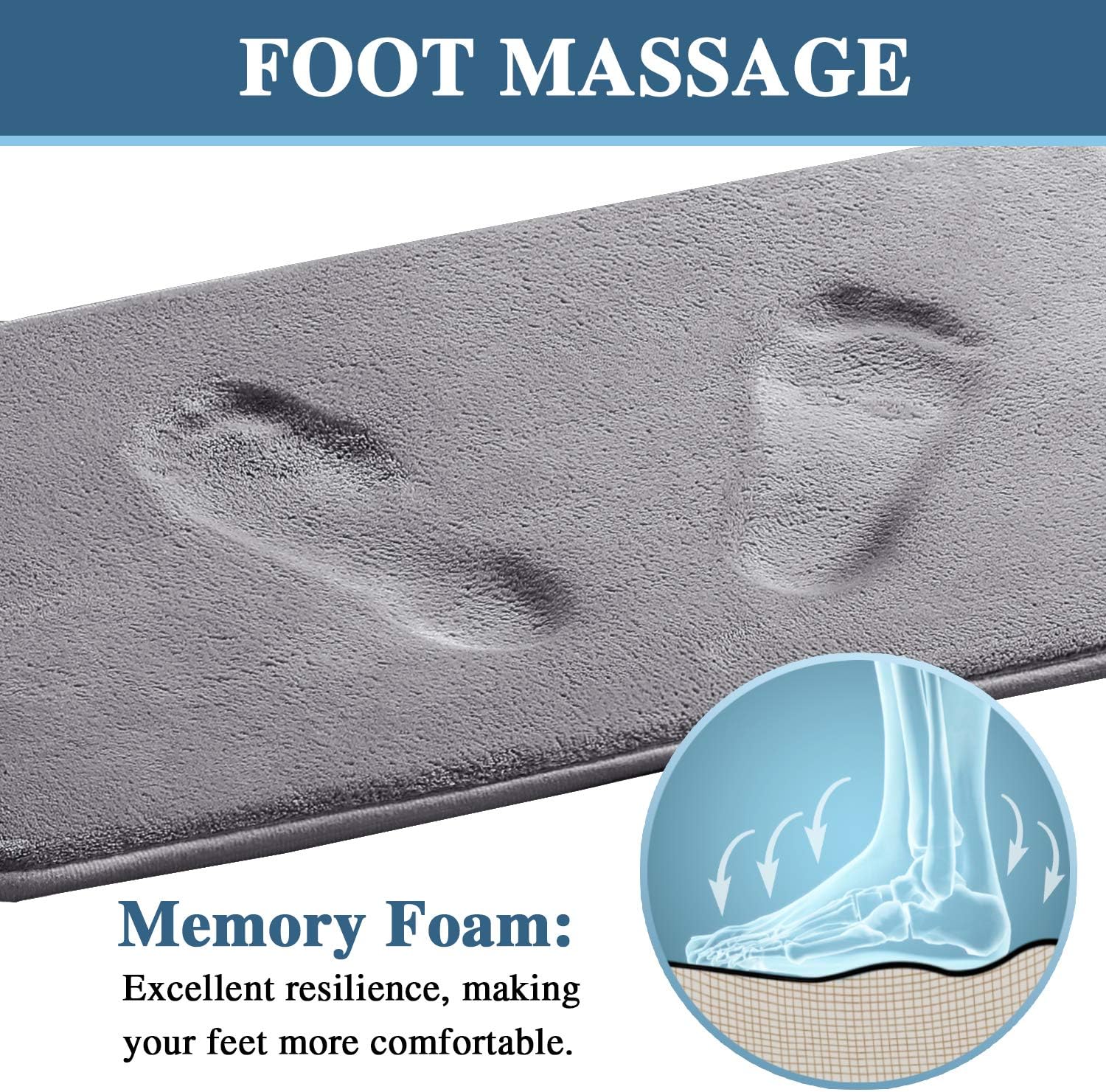 H.VERSAILTEX Kitchen Mat 2 PCS Non Slip Memory Foam Flannel Velvety Kitchen Runner Rug Set for Floor Standing Rugs (47" x 17" + 24" x 17", Grey)