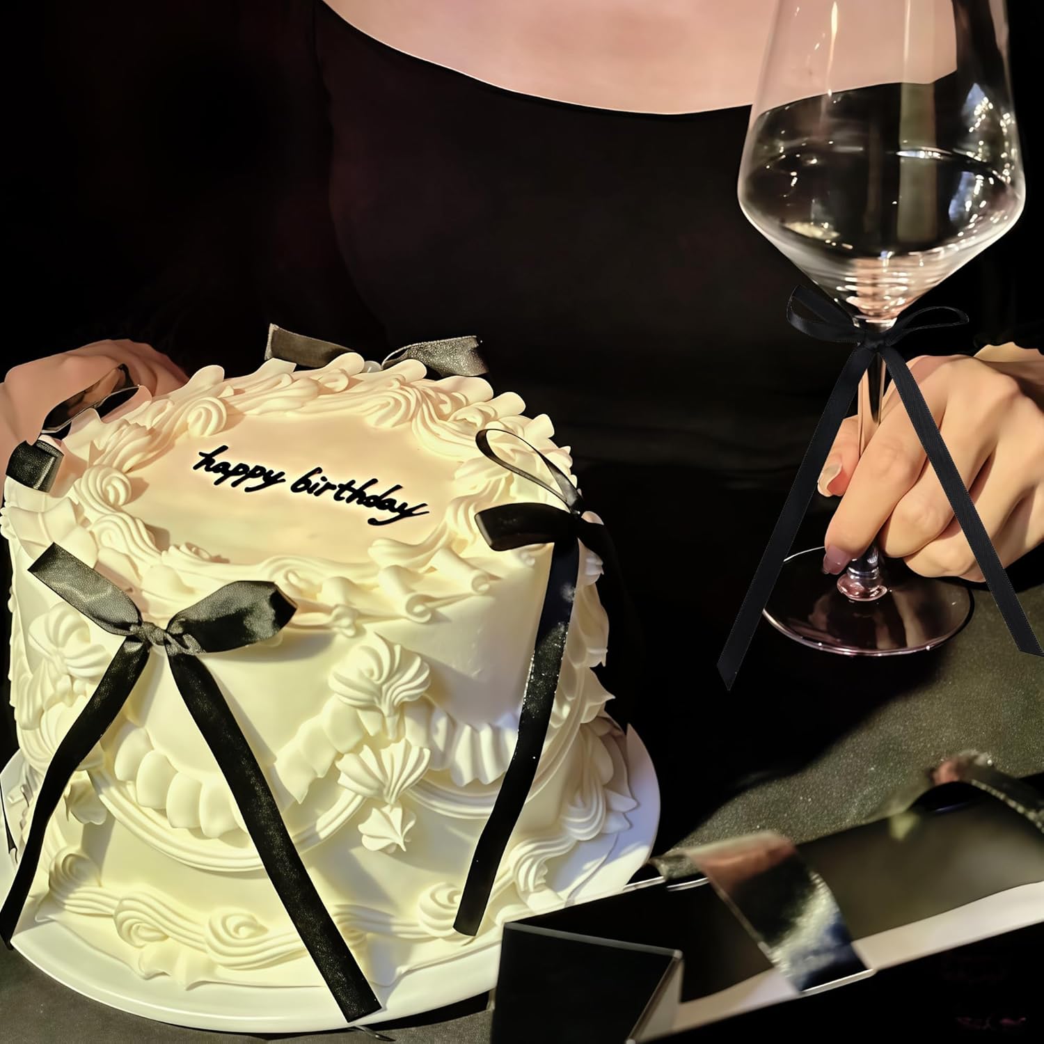 Black Bow Cake Topper With Happy Birthday Sign 11Pcs Satin Bowknot Cake Toppers for Vintage Themed Party Coquette Birthday Party Decorations - Image 7