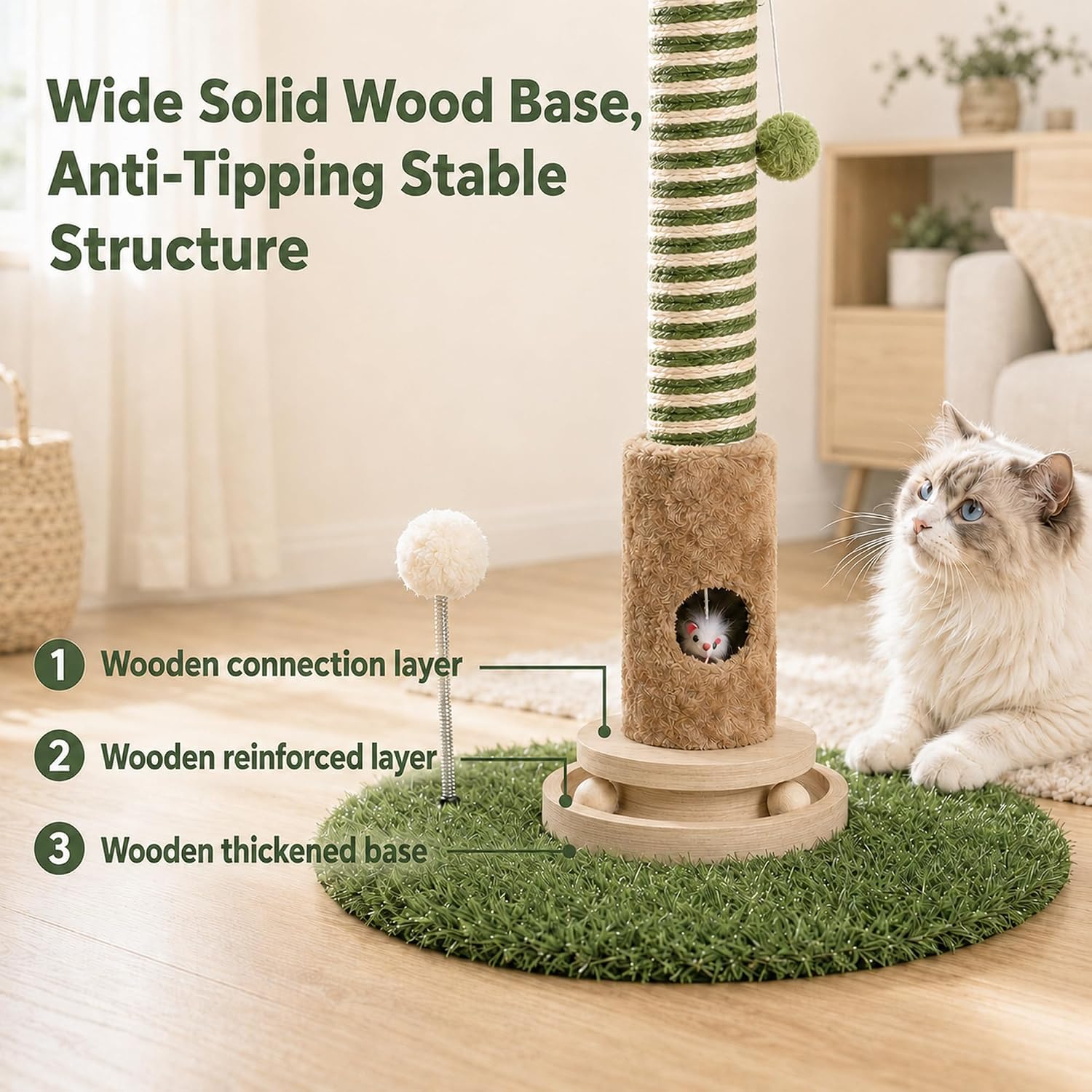 39" Sisal Rotating Cat Scratching Post with Balls & Toy for Indoor Cats | Natural Sisal Cat Scratcher with Realistic Eucalyptus Leaves & Wooden Base to Prevent Tipping Over, Protect Furniture