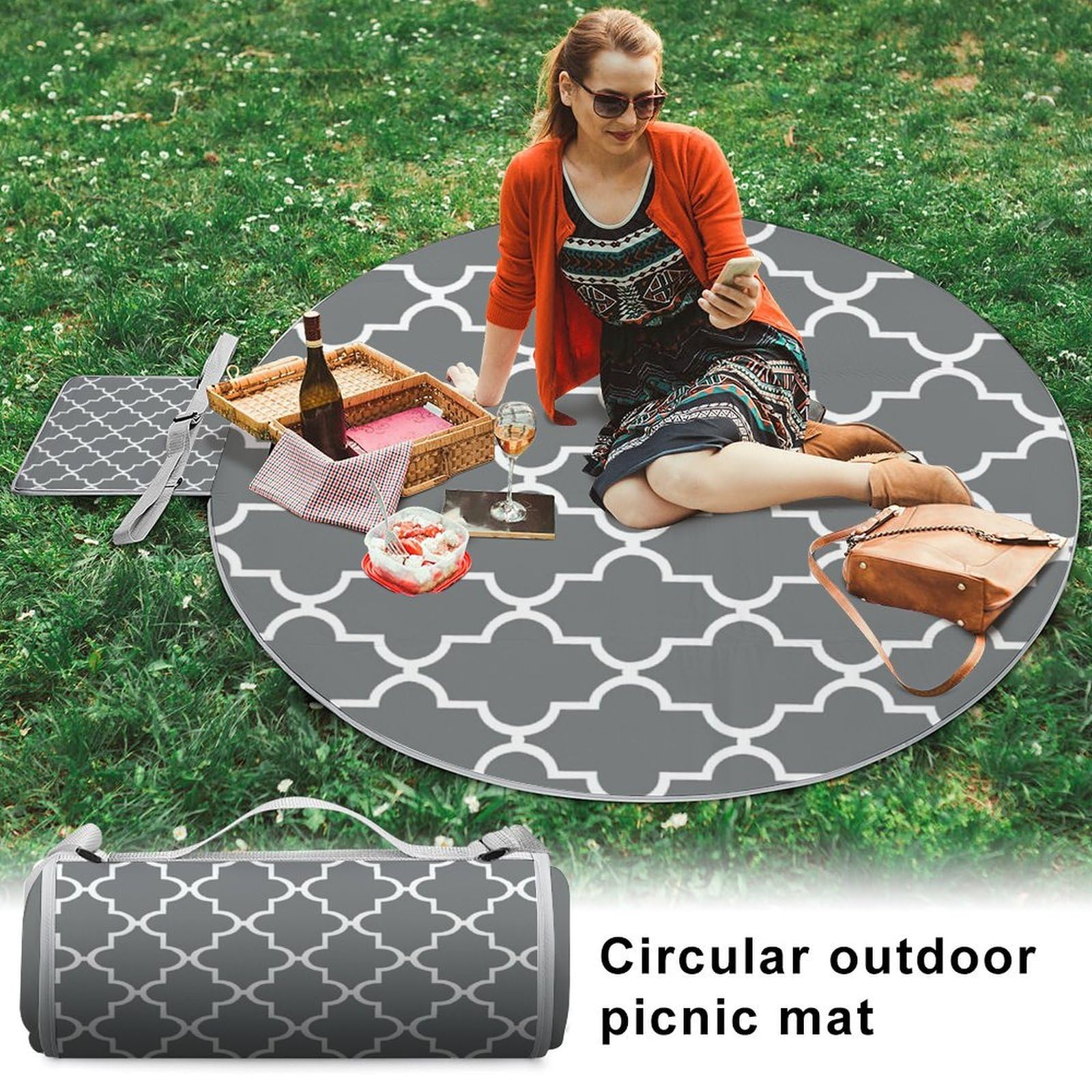 Tappeto rotondo da esterno a quadrifoglio grigio da 148 cm, per decorazione patio e picnic all'aperto. Coperte da spiaggia - Coperta da spiaggia pieghevole impermeabile a prova di sabbia