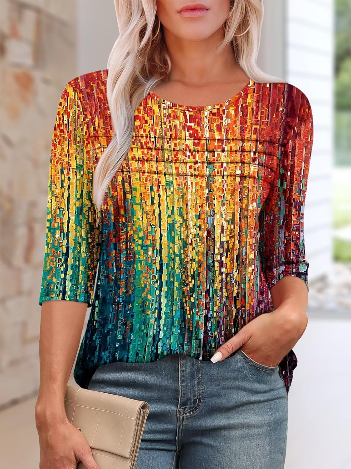 KISSMODA Women's Casual 3/4 Sleeve T-Shirts Round Neck Cute Tunic Tops Basic/Pleated Summer Tops Trendy Spring Blouses - Image 3