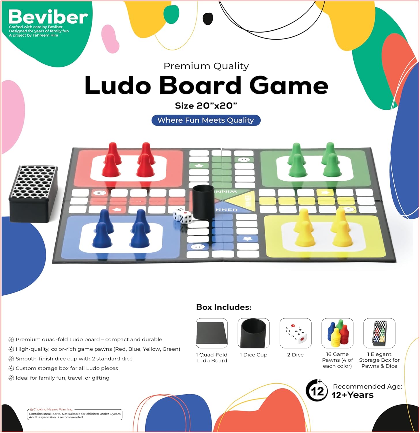 Premium Ludo Board Game Set – 20"x20" Quad-Fold Game Board with 16 Colorful Pawns, Dice Cup, 2 Dice & Storage Box