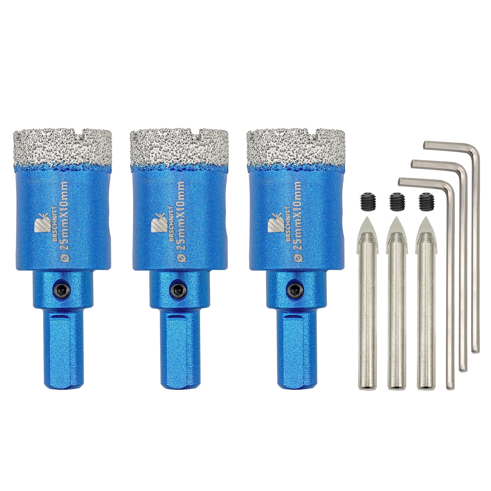 BRSCHNITT Dry Diamond Core Drill Bit with Pilot Bit - 1"Diamond Tile Hole Saw with Triangle Shank for Porcelain Tile Ceramic Stone Granite Marble(3pcs)