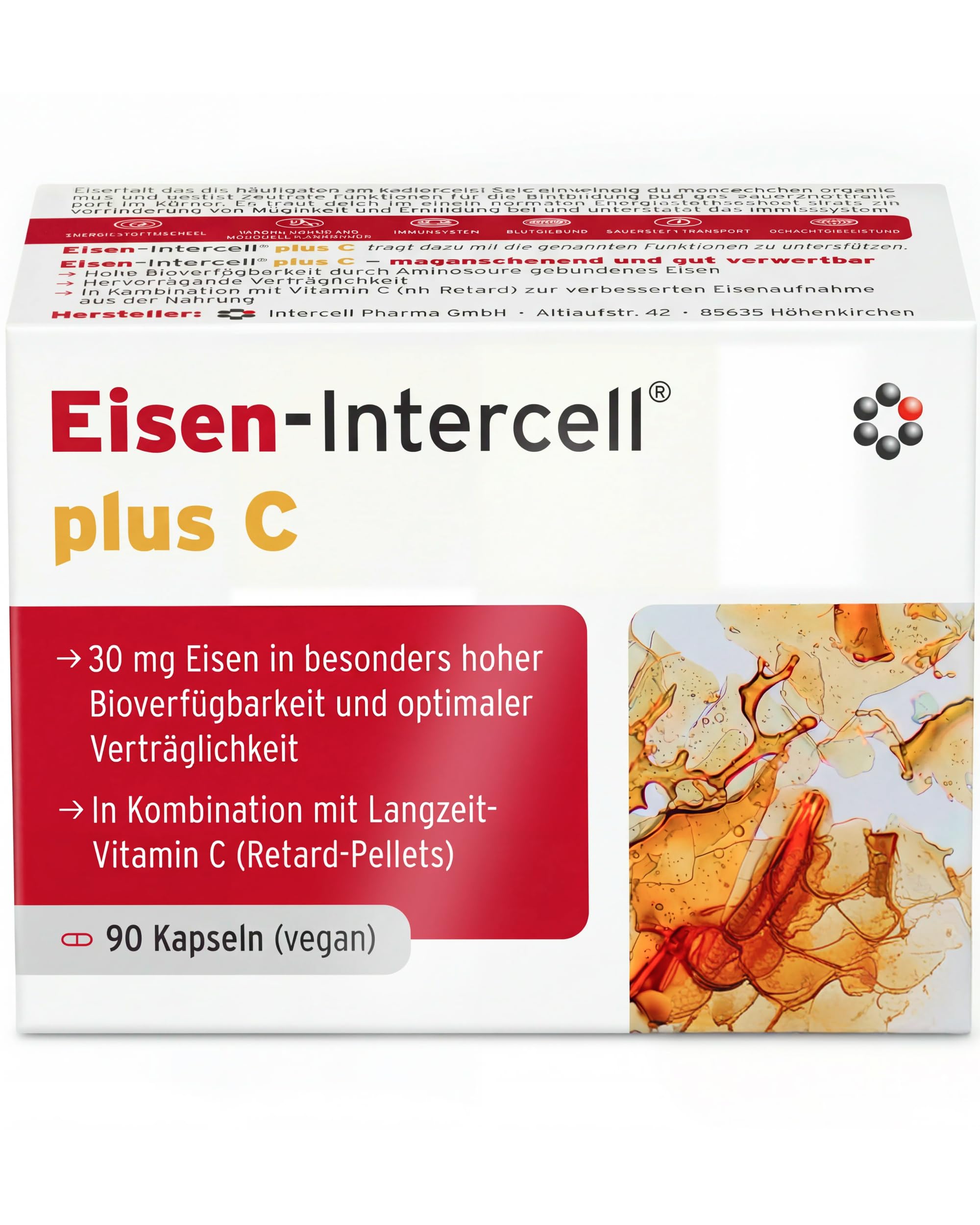 Eisen + C Intercell (90 Kapseln) - mit 30mg Eisen+ hochdosiert und 160mg Vitamin C (8h Retard-Effekt) - besonders hohe Bioverfügbarkeit durch spezielle Aminosäureverbindung - im Schutzblister