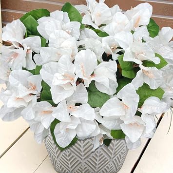 Artificial Flowers Plants Outdoor Faux Silk Bougainvillea UV Resistant Realistic Outdoor Home Garden Planter Pot Front Porch Window Box Hanging Basket Decoration, Pack of 6 White