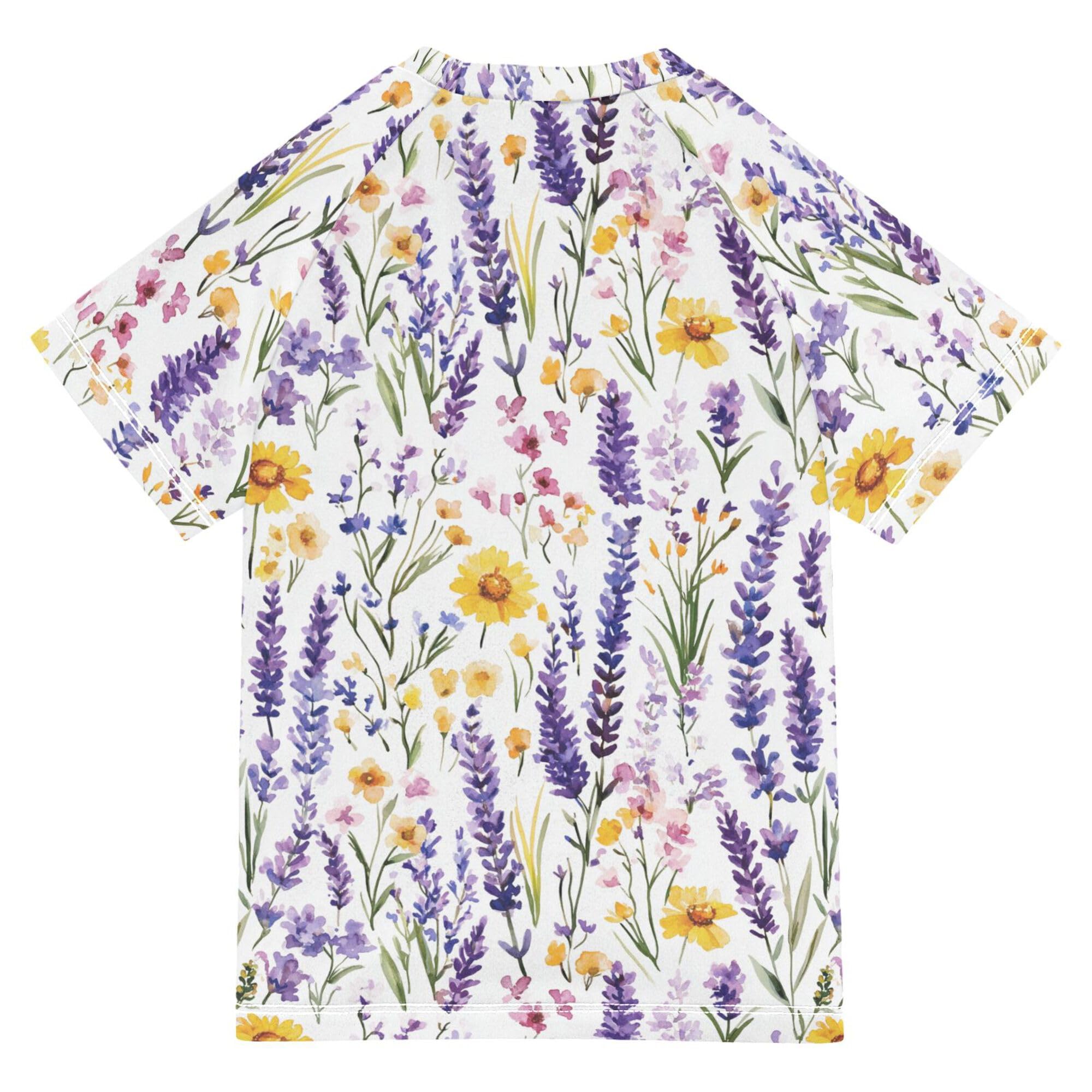 Romania Lavender Summer Flowers Kids Bathing Suits Girls Sun Protection Girls Rash Guard Top Swimwears Athletic Clothes for Youth Boys 11-12Y