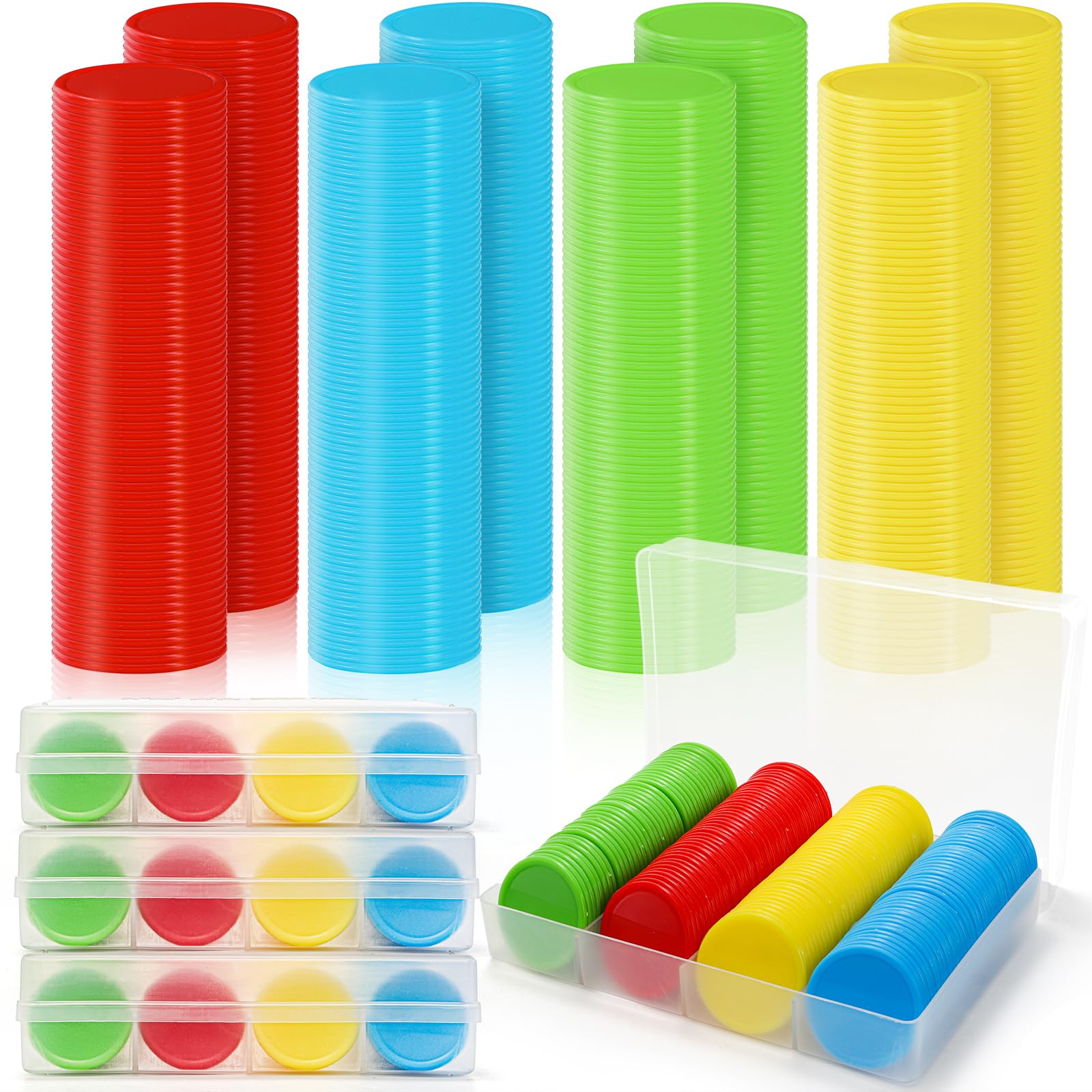 Pumtus Lot de 640 jetons de poker en plastique, 4 couleurs, jetons de bingo avec boîte de rangement, jetons de jeu de cartes de 3,8 cm, marqueurs de comptage de disques pour la pratique des