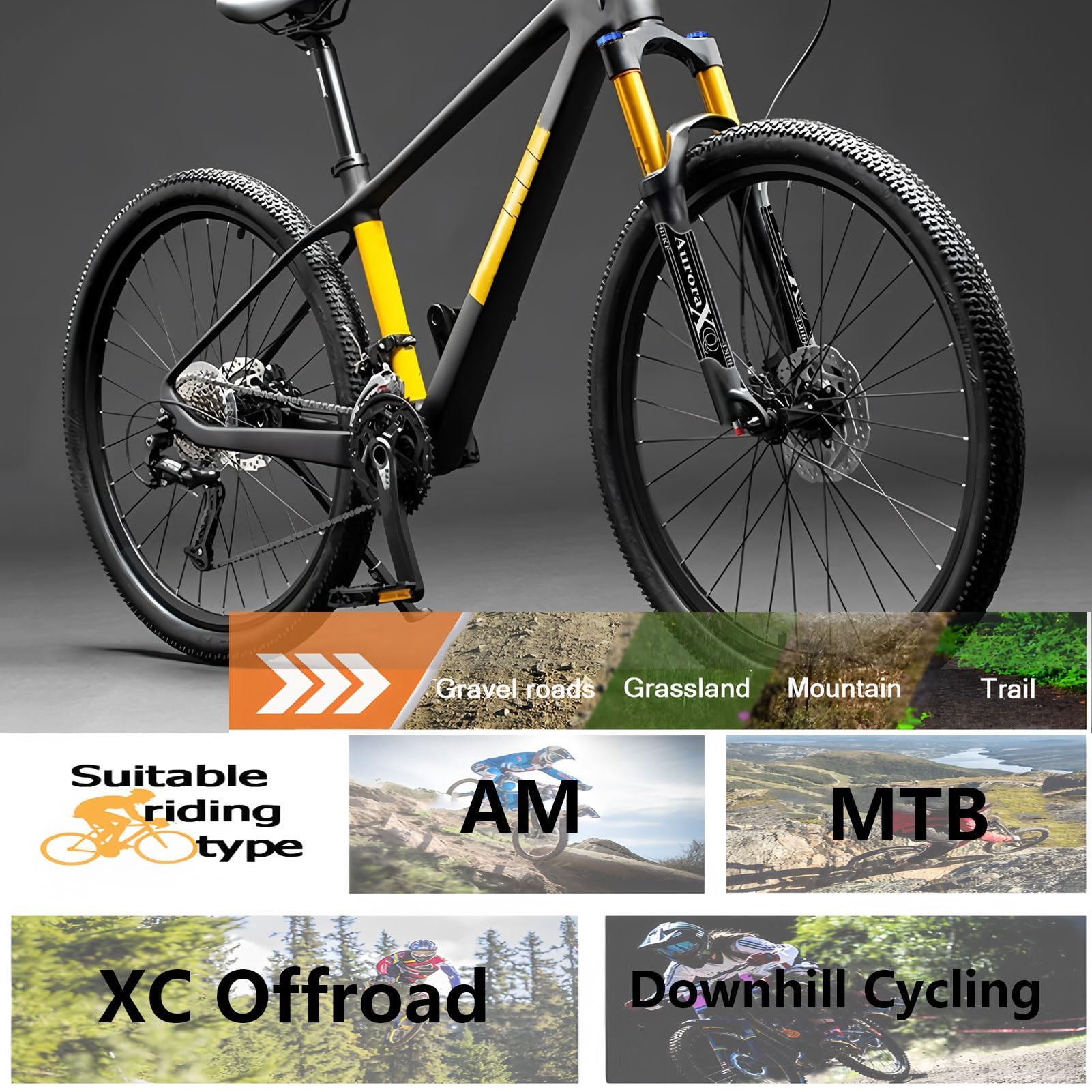 AuroraXQ Fourche Avant de VTT 26/27,5/29 Pouces, Droite/Conique Freins à Disque Alliage de Magnésium Voyage 140mm QR 9mm Fourche Vélo Suspension
