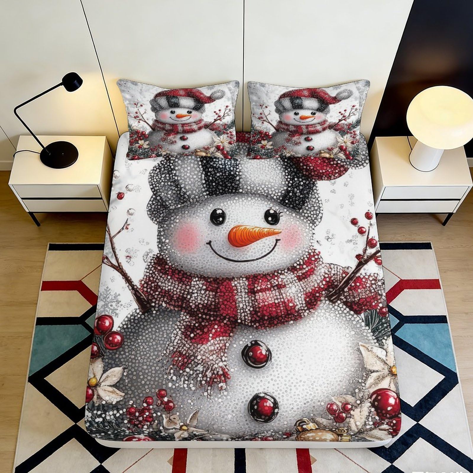 3D Printed Snowman Christmas Red Scarf Fitted Sheet Microfiber Winter Cartoon Bed Cover Bedroom Guest Room Decor 120x200cm 90x200x25cm