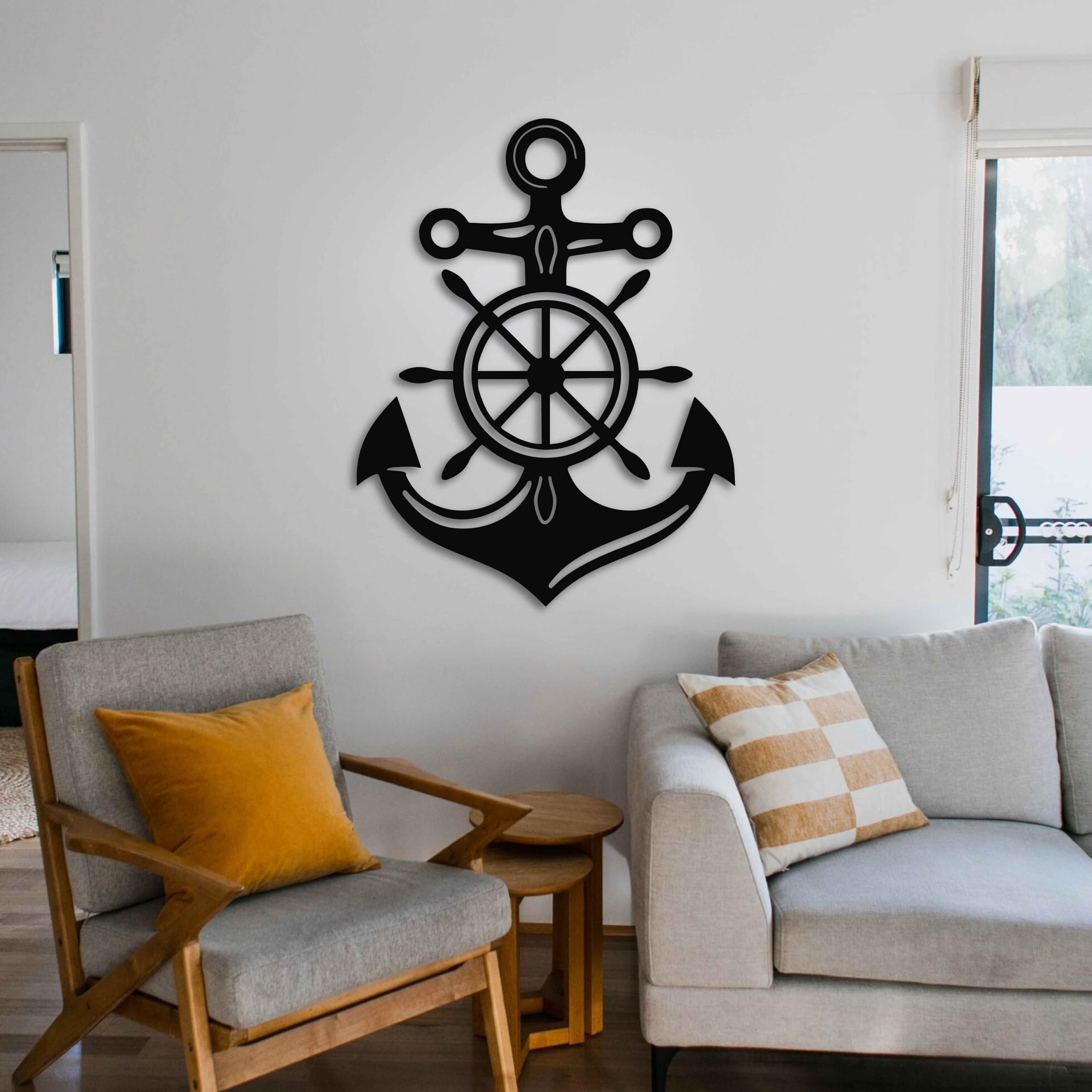 KAWA METALWORKS Anker Metall Wandkunst Dekor mit Schiffsrad nautische Wanddekoration für Wohnzimmer Strandhaus Modern Schwarz Metall Wandbehang Küste Maritim Home Dekoration Matrosen Geschenk