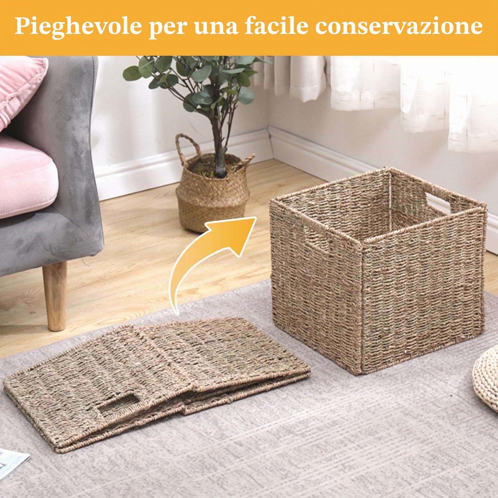 Kallax - Set di 4 cesti portaoggetti, pieghevoli, intrecciati, 28 x 28 x 28 cm, con maniglie, per mensole, dispensa, stanza