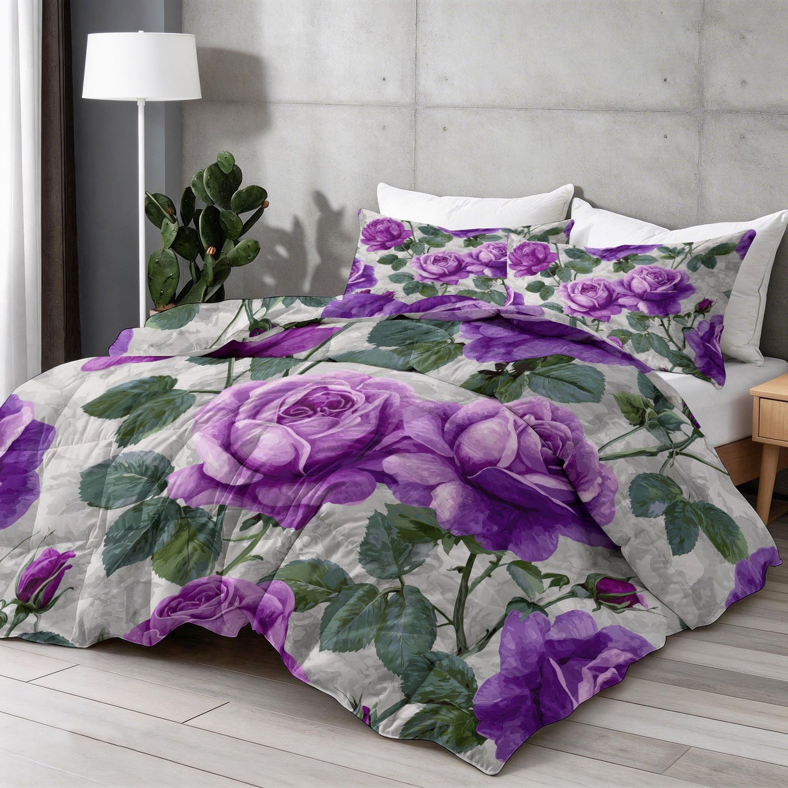 Edredón reversible de plantas rosas 200x200 acolchado y suave para cama