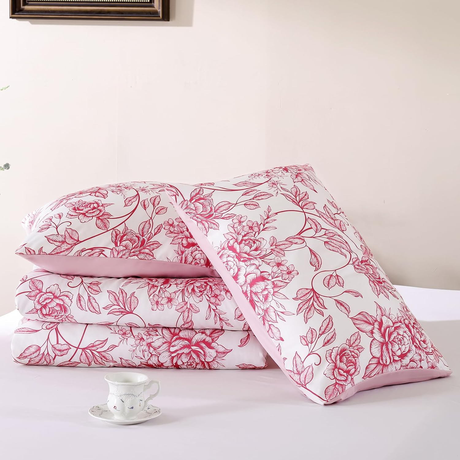 JANZAA Full Size Comforter Set - Pink Floral Comforter, 3 Piece Cute Floral Bedding for All Season, 1 Soft Fluffy Breathable Microfiber Spring Comforter Set with 2 Pillow Shams