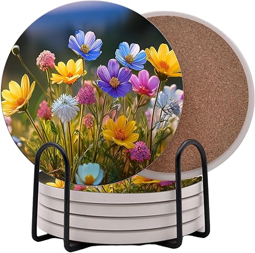 Abosrbent - Juego de 6 posavasos redondos florales de flores silvestres de cerámica con soporte de metal para bebidas, café, parte trasera de corcho