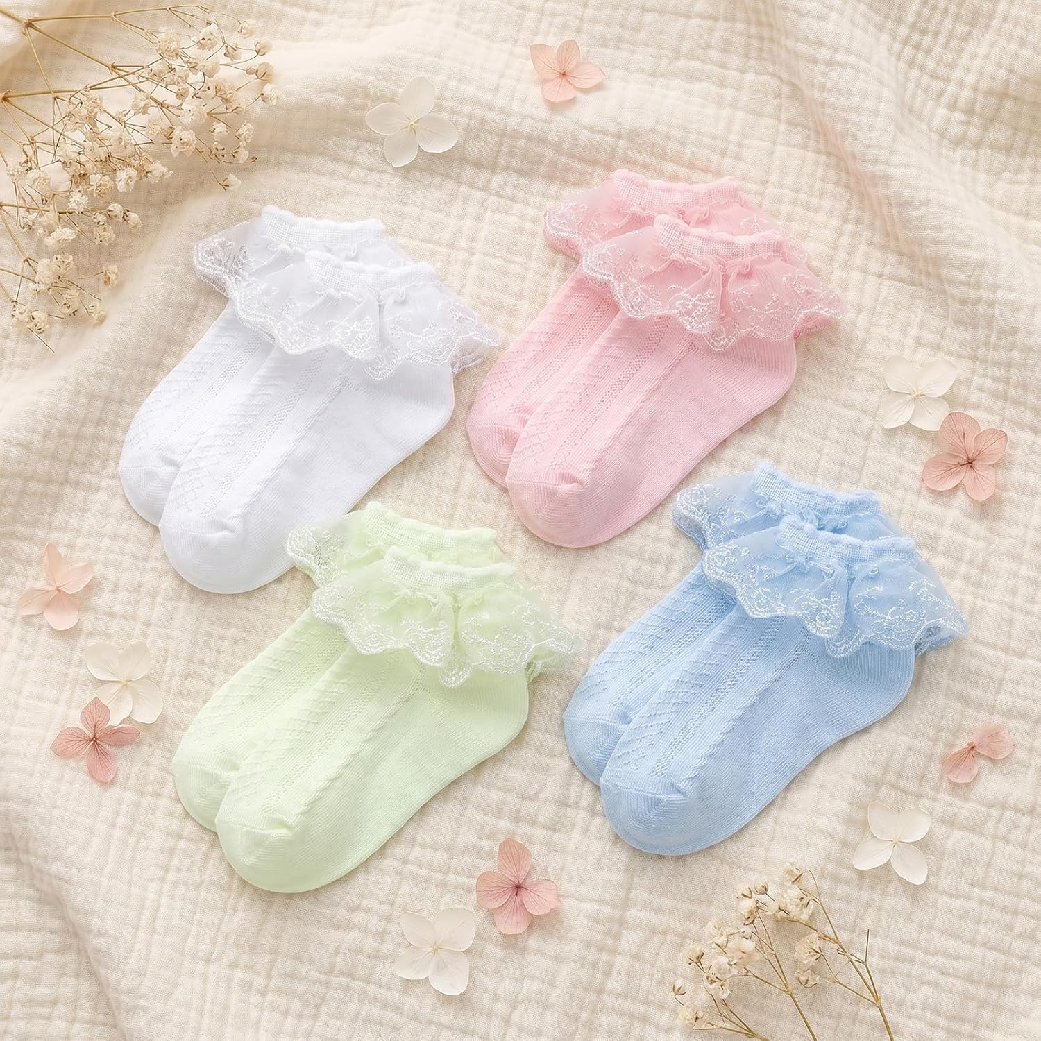 8 Pairs Baby Girls Lace Ruffle Socks Dance Ankle Socks | Cotton Blend, Breathable, Stretchy, Lace Trim, 4 Colors, 8 Pairs, Baby Girls, Dance, Daily Wear, Gift
