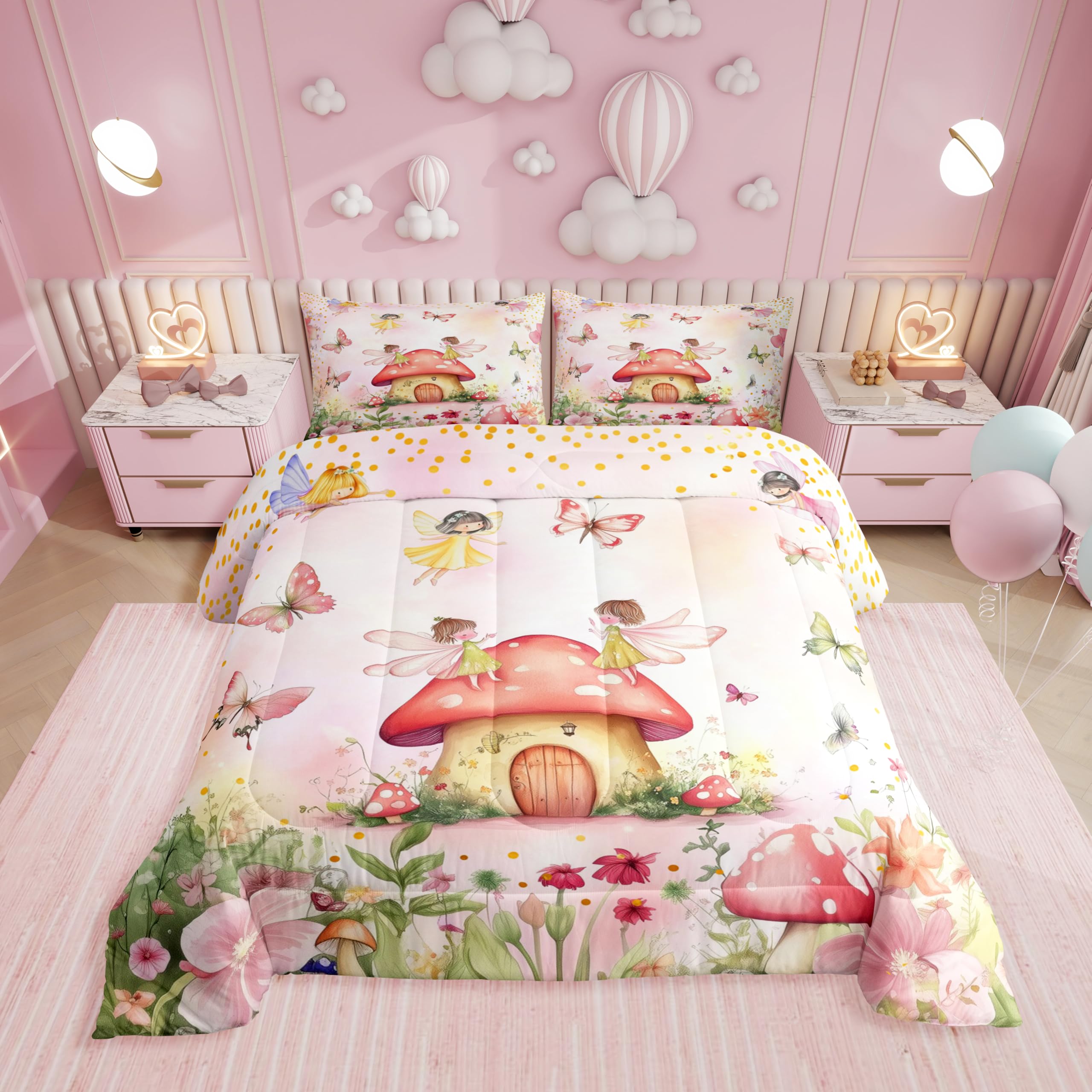 Erosebridal Flower Fairy Bedding Set Full Size,Cute Fairy Butterfly Comforter Set for Girls Kids Room Decor,Colorful Floral Mushroom Quilt Bed Set Princess Bed Comforter Sets with 2 Pillowcases